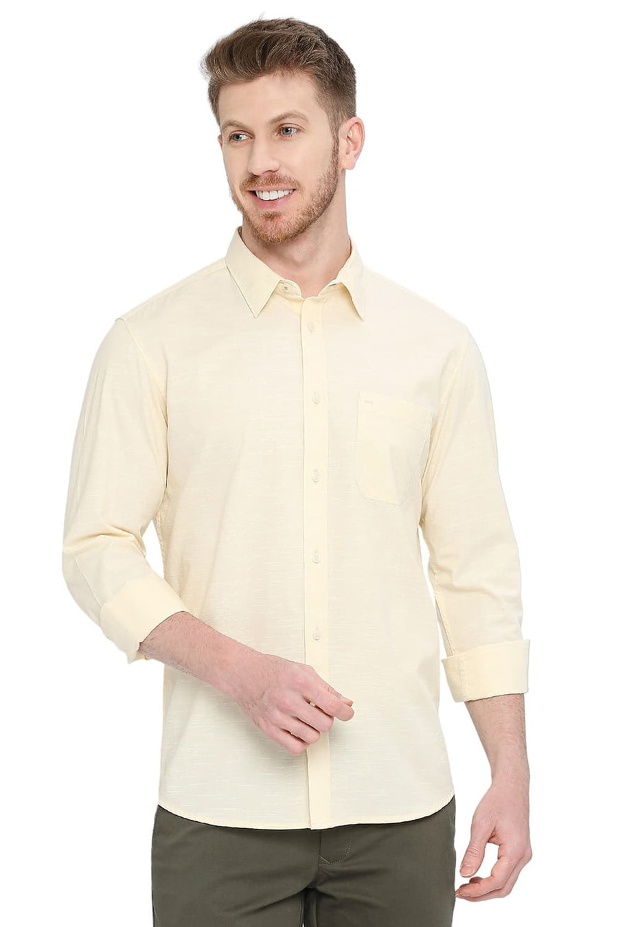 BASICS SLIM FIT RAFFIA ECRU COTTON SLUB SHIRT