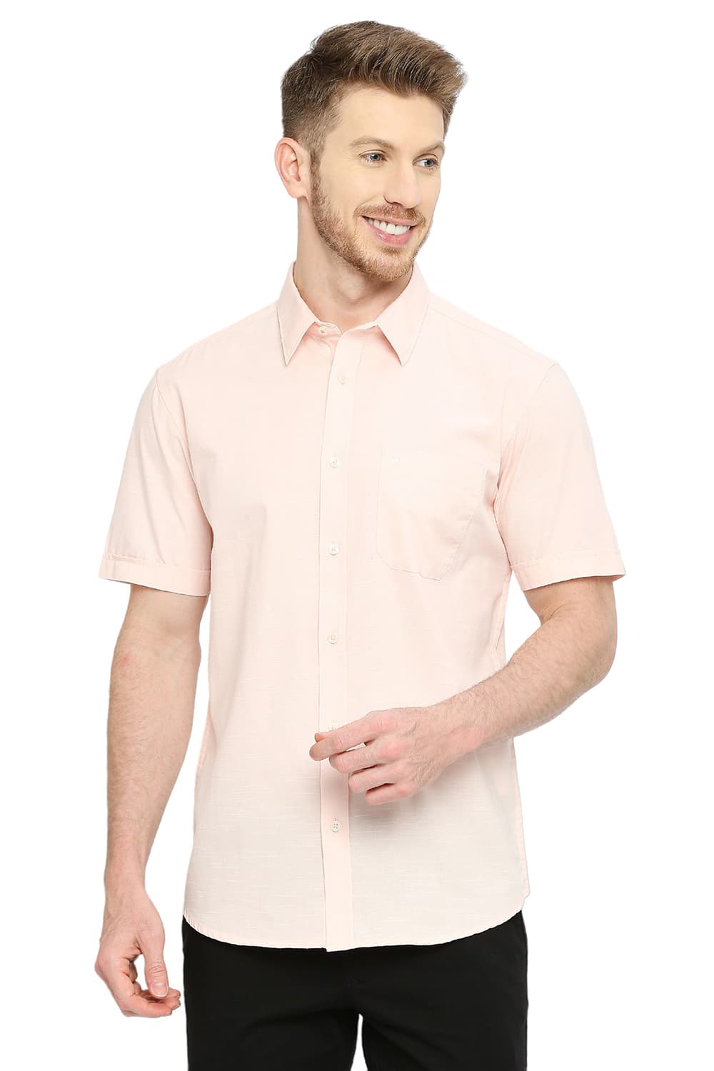 BASICS SLIM FIT COTTON SLUB HALFSLEEVES SHIRT