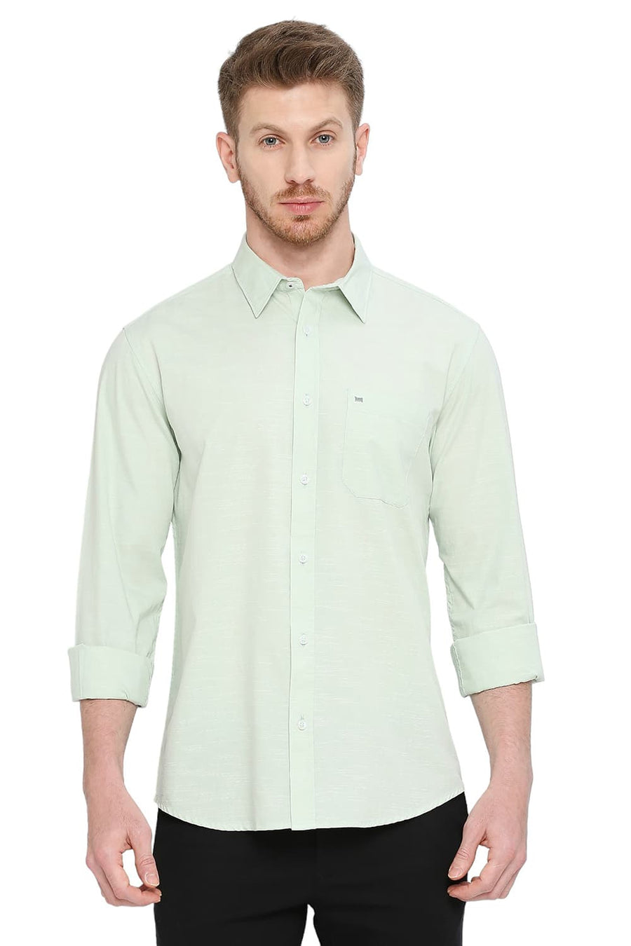 BASICS SLIM FIT HONEYDEW GREEN COTTON SLUB SHIRT