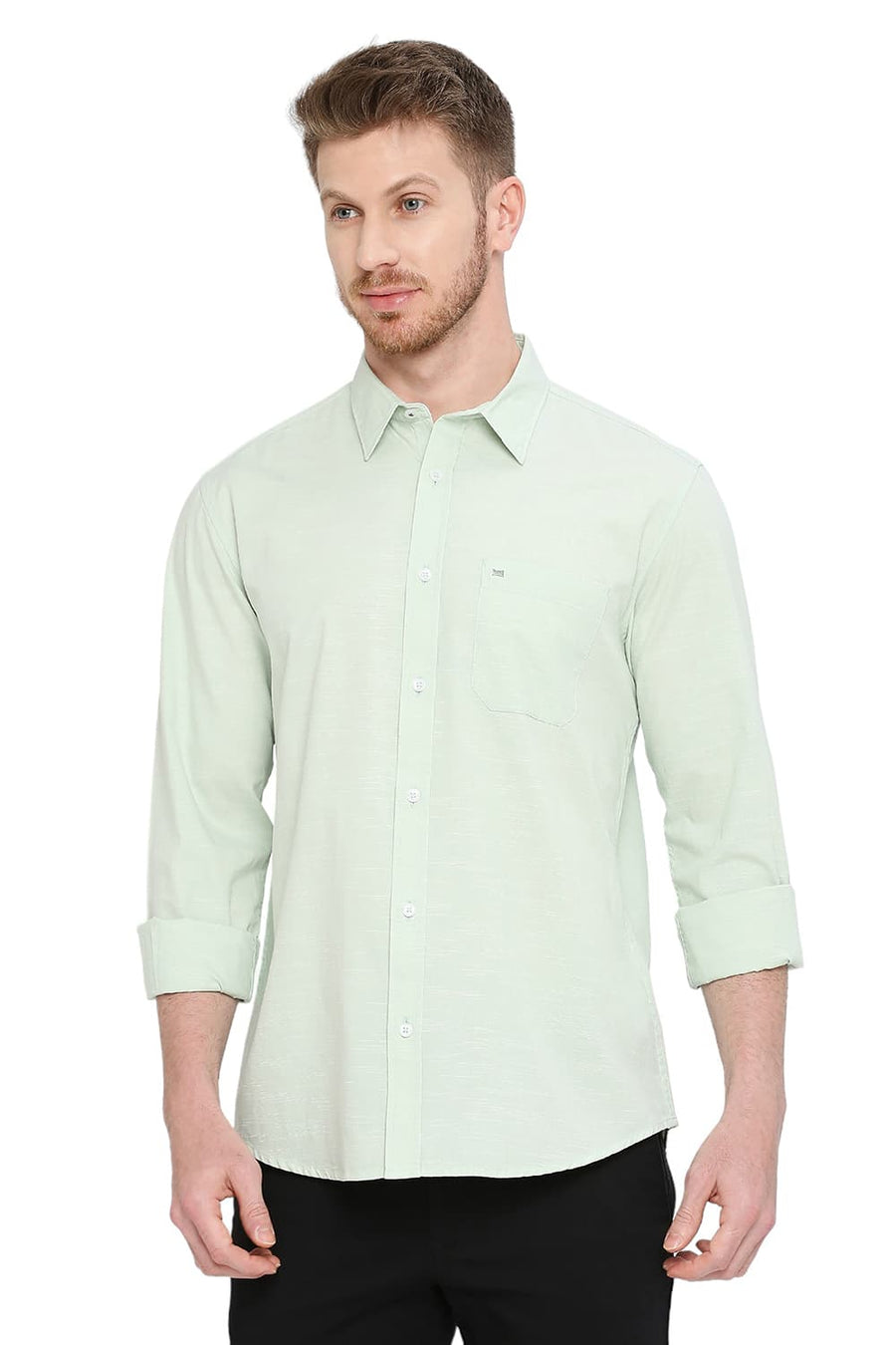 BASICS SLIM FIT HONEYDEW GREEN COTTON SLUB SHIRT