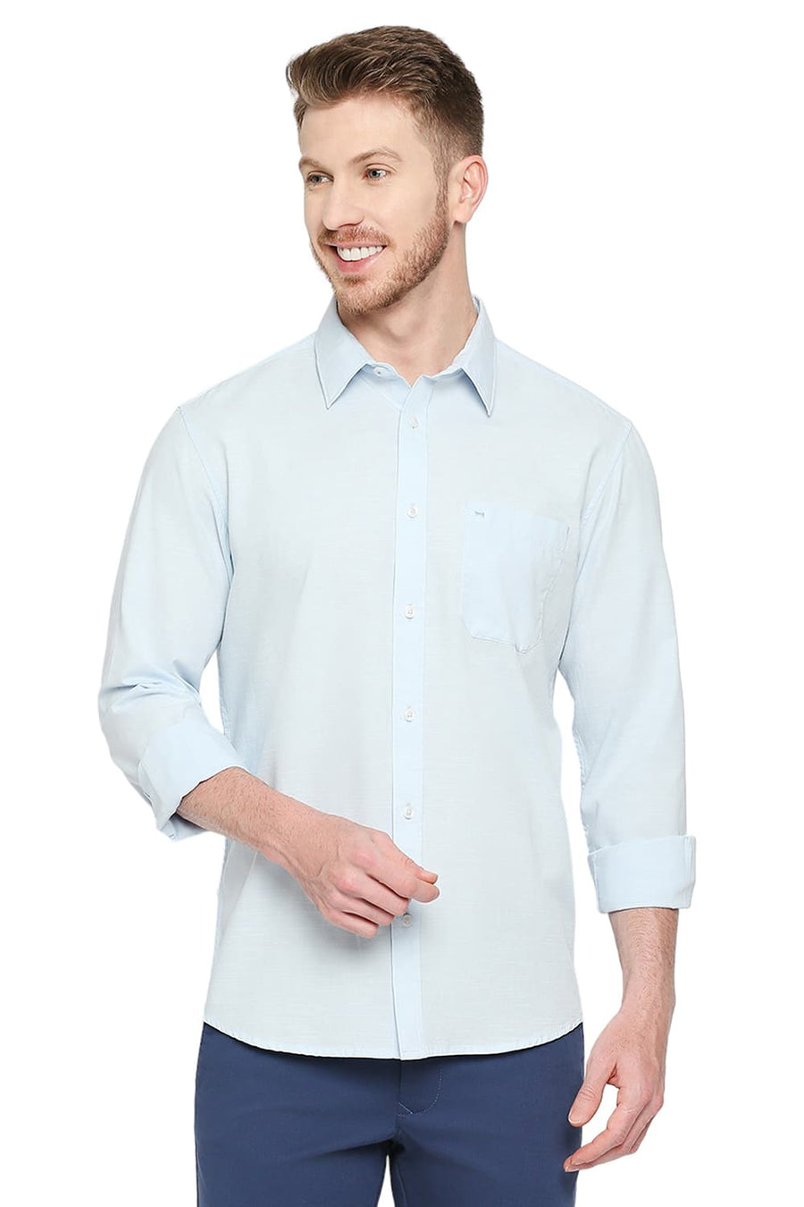 BASICS SLIM FIT AIR BLUE COTTON SLUB SHIRT