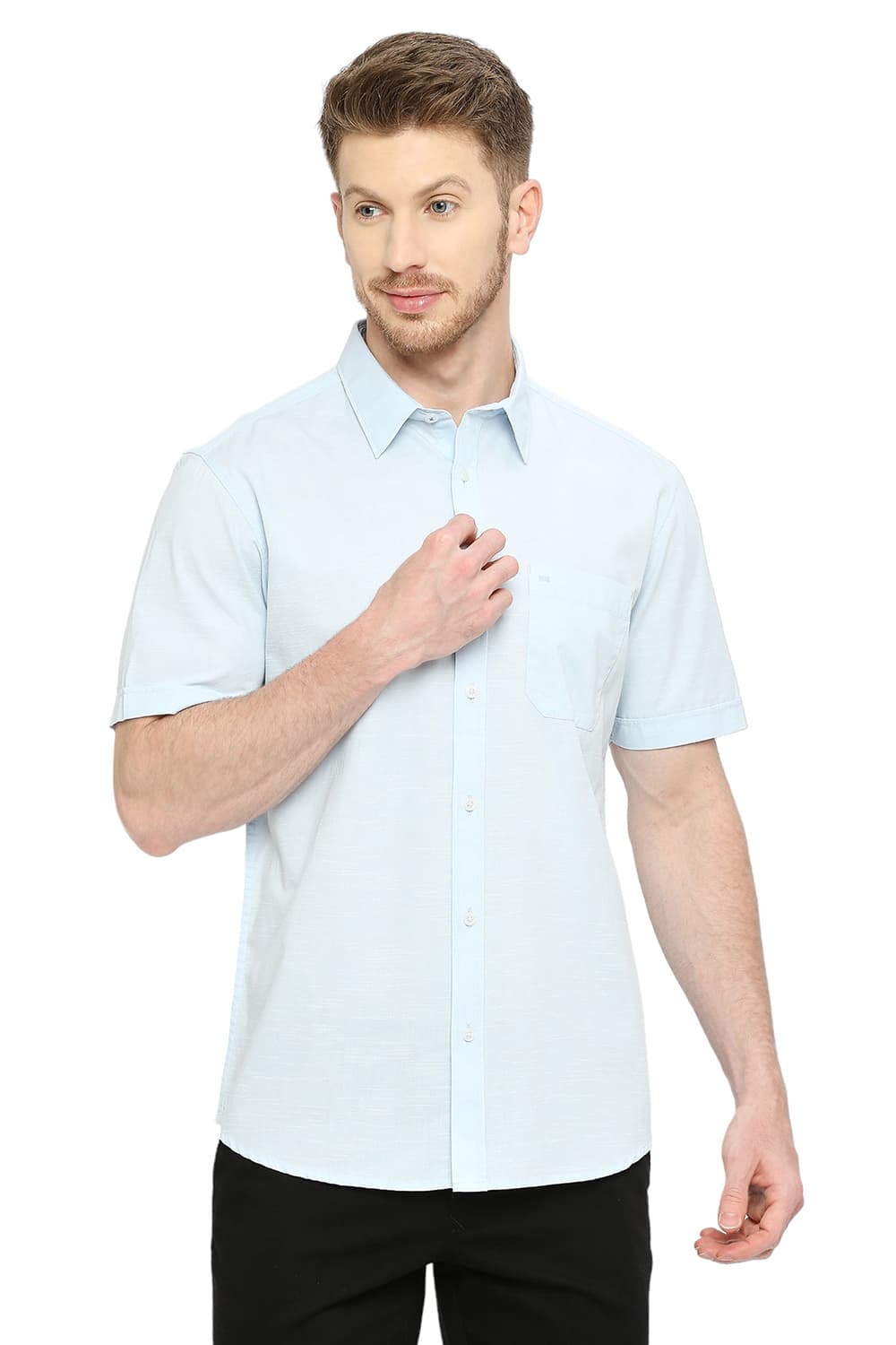 BASICS SLIM FIT COTTON SLUB HALFSLEEVES SHIRT