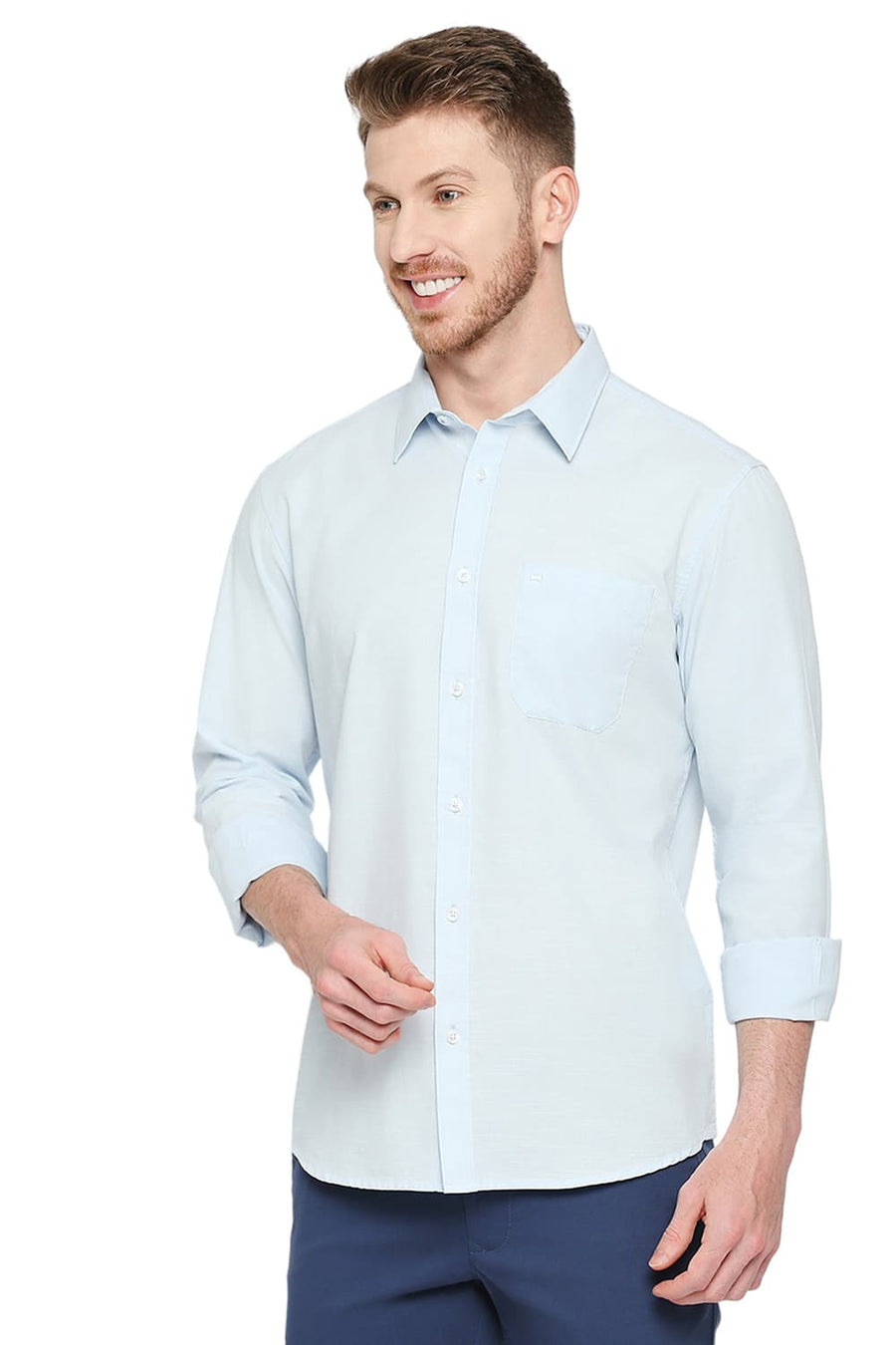 BASICS SLIM FIT AIR BLUE COTTON SLUB SHIRT