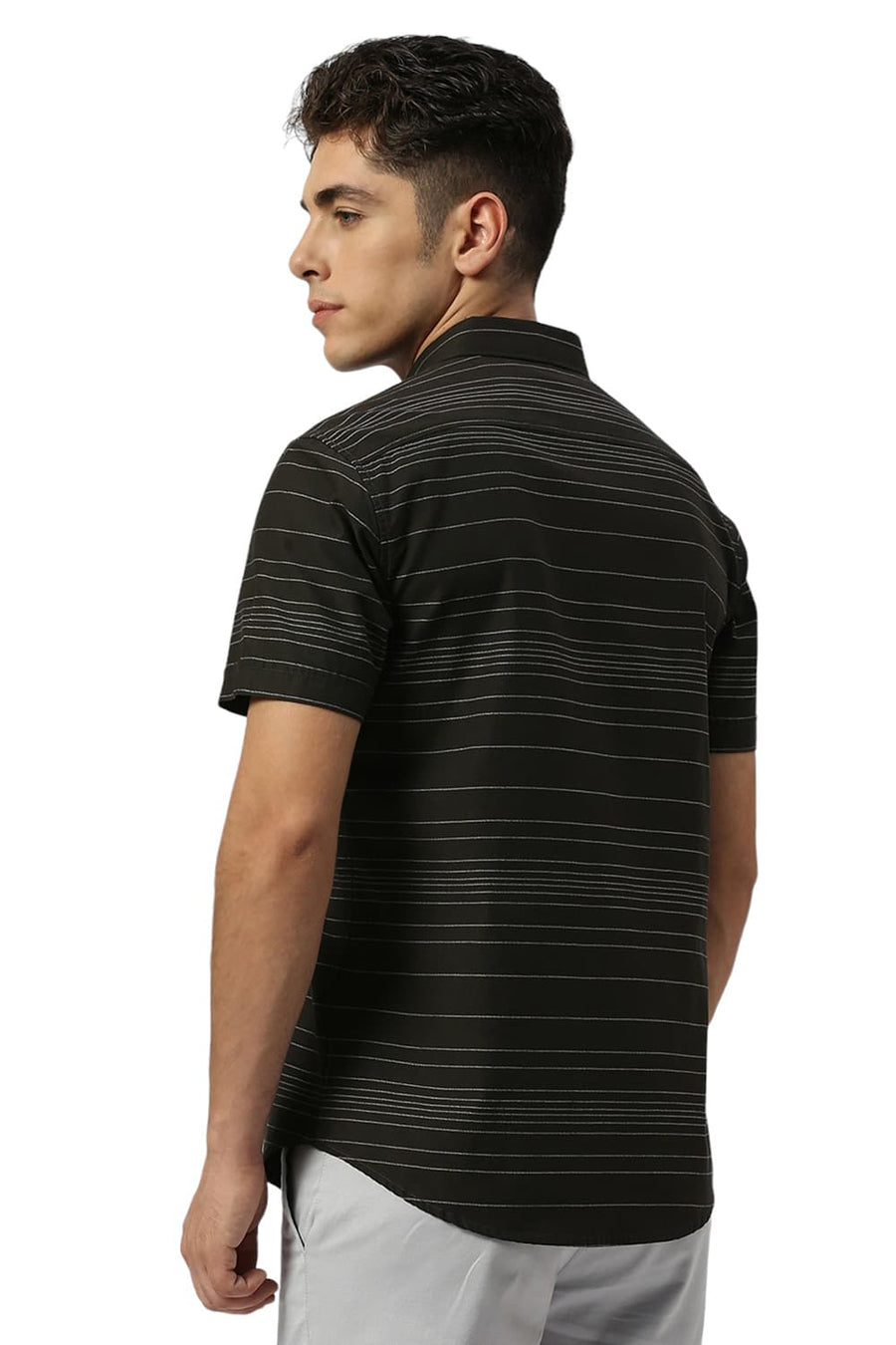 BASICS SLIM FIT BRISTOL BLACK COTTON GRINDLE STRIPE HALFSLEEVES SHIRT