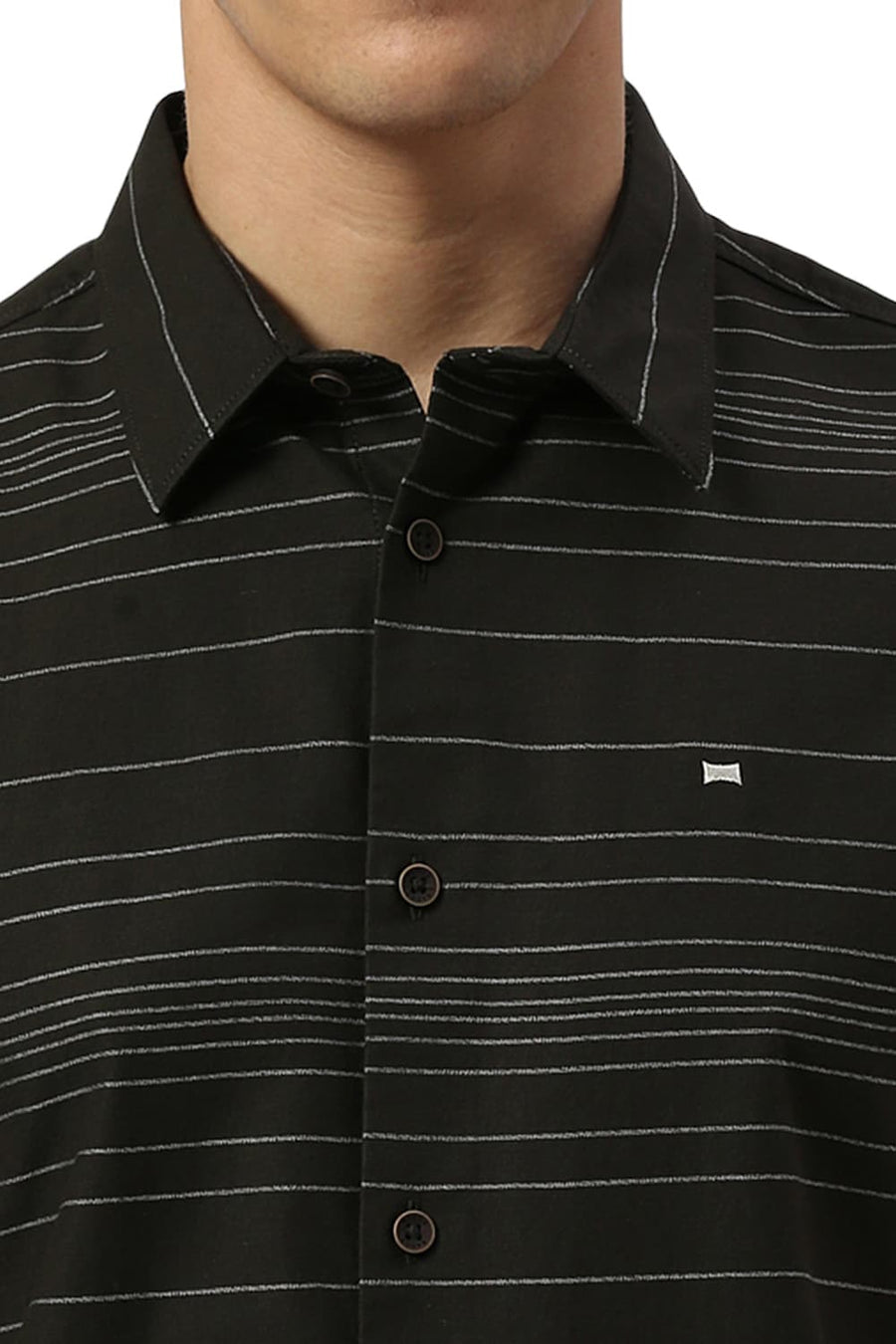 BASICS SLIM FIT BRISTOL BLACK COTTON GRINDLE STRIPE HALFSLEEVES SHIRT