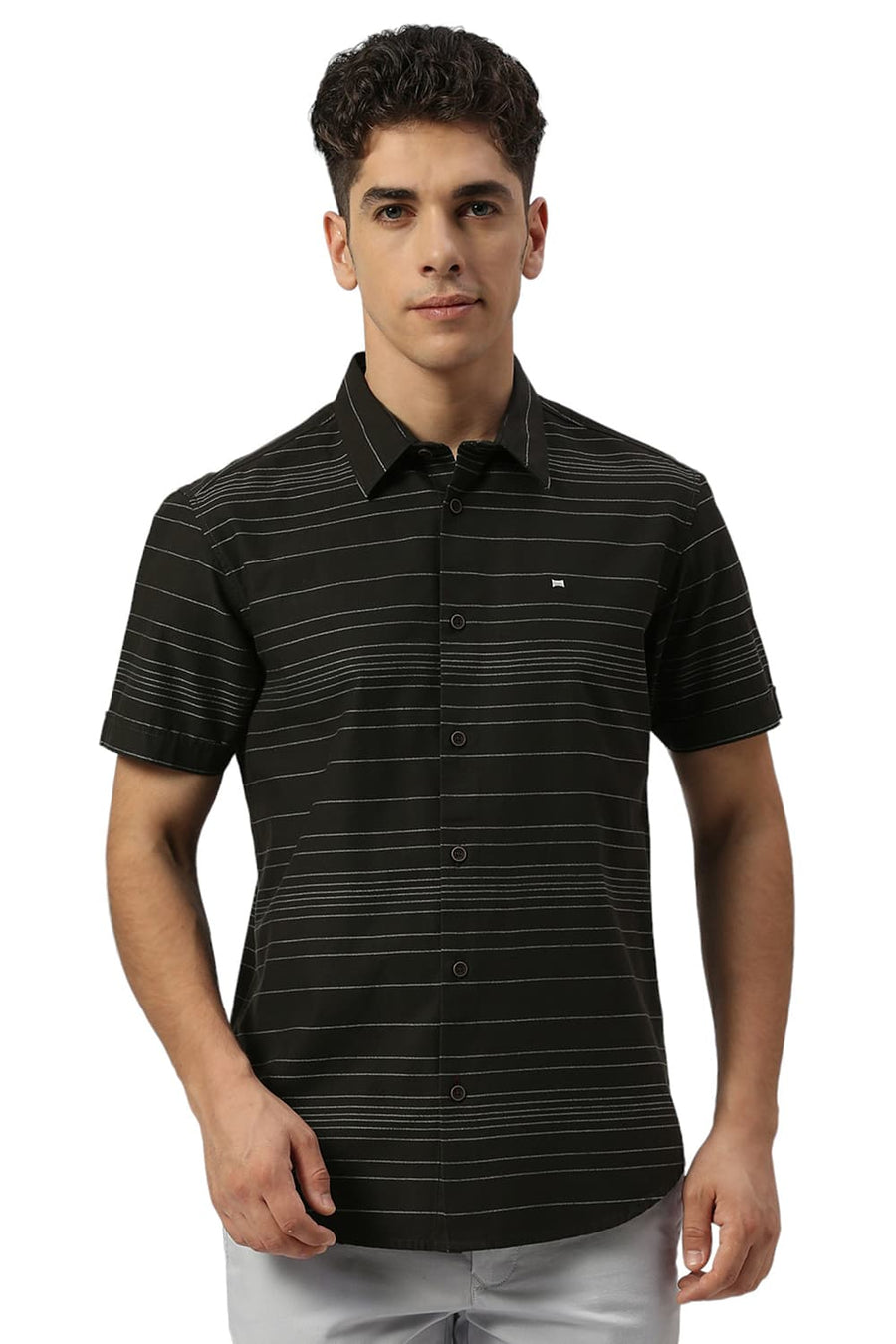 BASICS SLIM FIT BRISTOL BLACK COTTON GRINDLE STRIPE HALFSLEEVES SHIRT