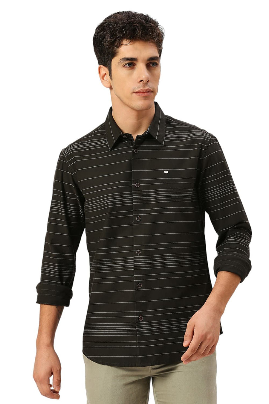 BASICS SLIM FIT BRISTOL BLACK COTTON GRINDLE STRIPE SHIRT