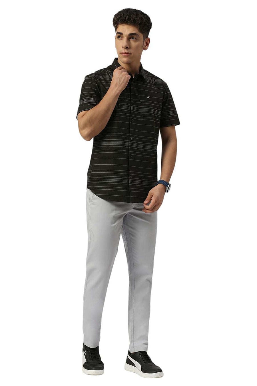 BASICS SLIM FIT BRISTOL BLACK COTTON GRINDLE STRIPE HALFSLEEVES SHIRT