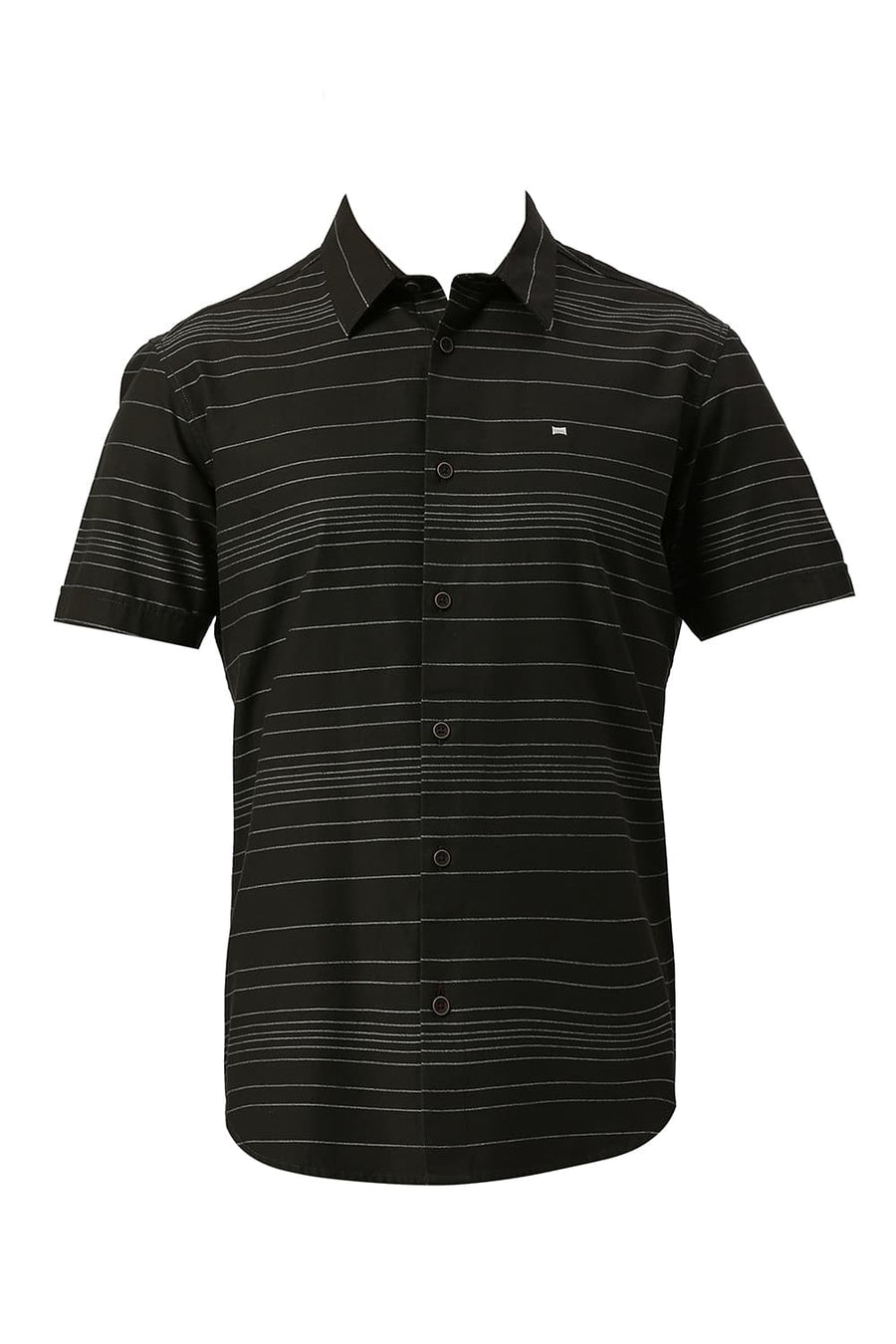BASICS SLIM FIT BRISTOL BLACK COTTON GRINDLE STRIPE HALFSLEEVES SHIRT