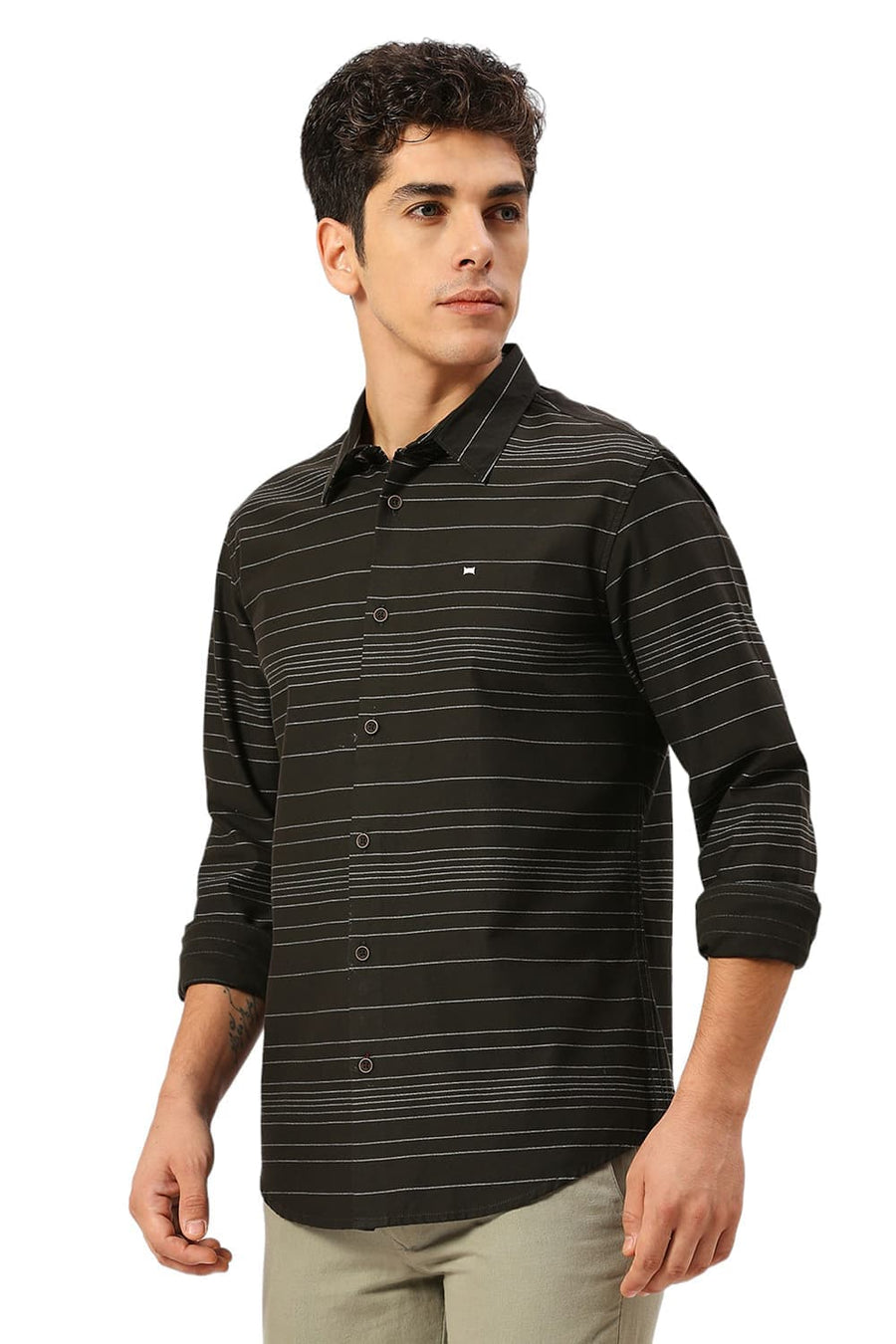 BASICS SLIM FIT BRISTOL BLACK COTTON GRINDLE STRIPE SHIRT