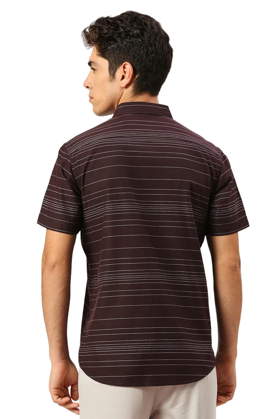 BASICS SLIM FIT FUDGE BROWN COTTON GRINDLE STRIPE HALFSLEEVES SHIRT