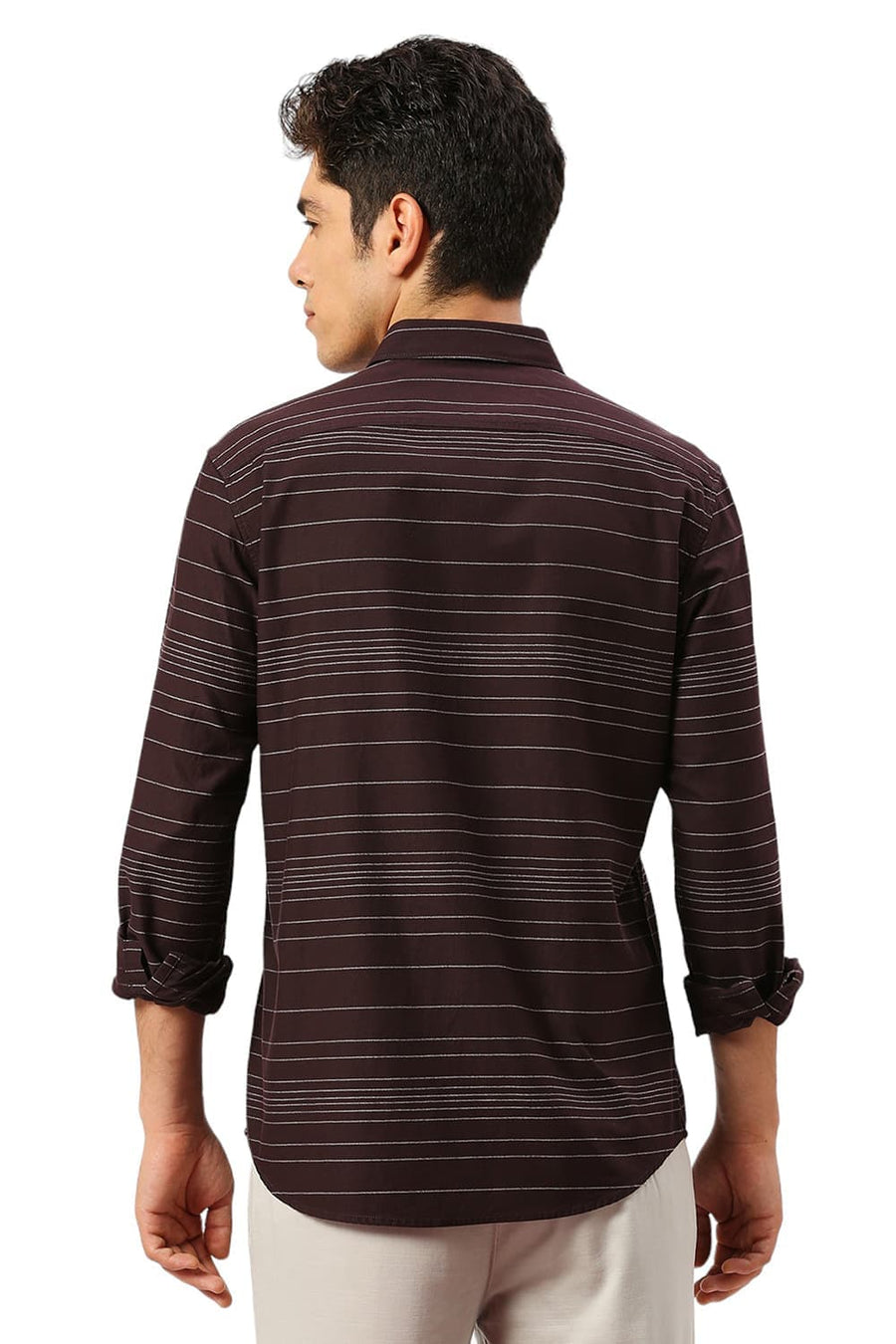 BASICS SLIM FIT FUDGE BROWN COTTON GRINDLE STRIPE SHIRT