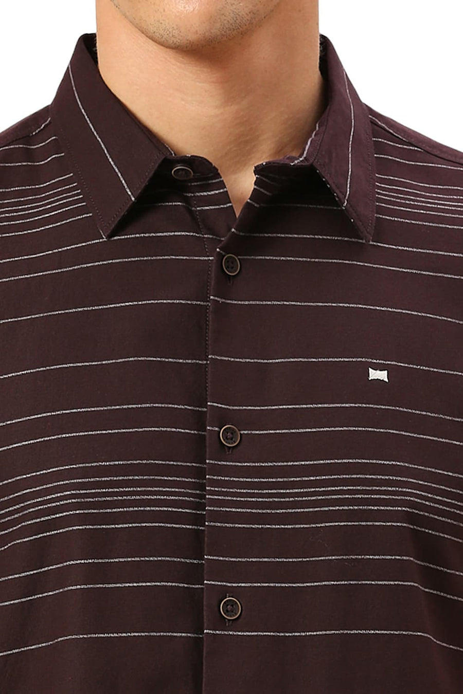 BASICS SLIM FIT FUDGE BROWN COTTON GRINDLE STRIPE HALFSLEEVES SHIRT
