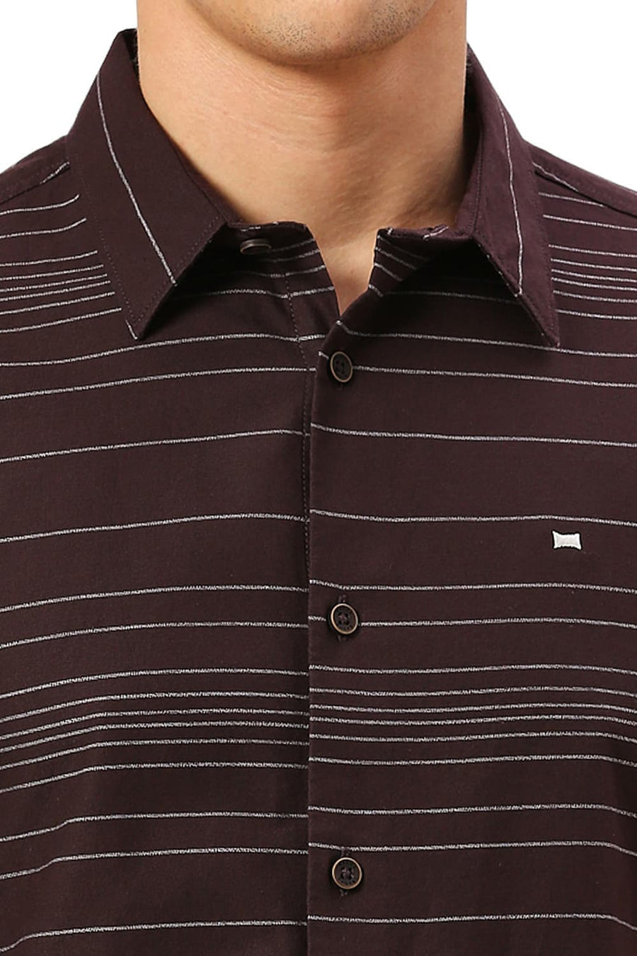 BASICS SLIM FIT FUDGE BROWN COTTON GRINDLE STRIPE SHIRT