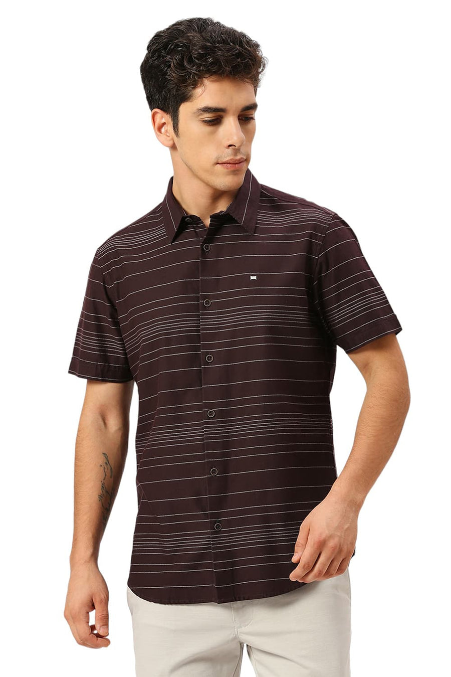 BASICS SLIM FIT FUDGE BROWN COTTON GRINDLE STRIPE HALFSLEEVES SHIRT