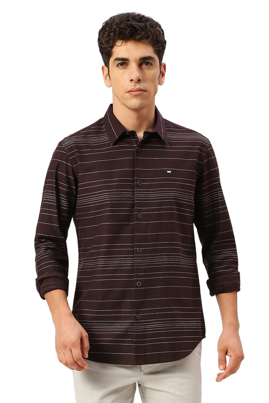 BASICS SLIM FIT FUDGE BROWN COTTON GRINDLE STRIPE SHIRT