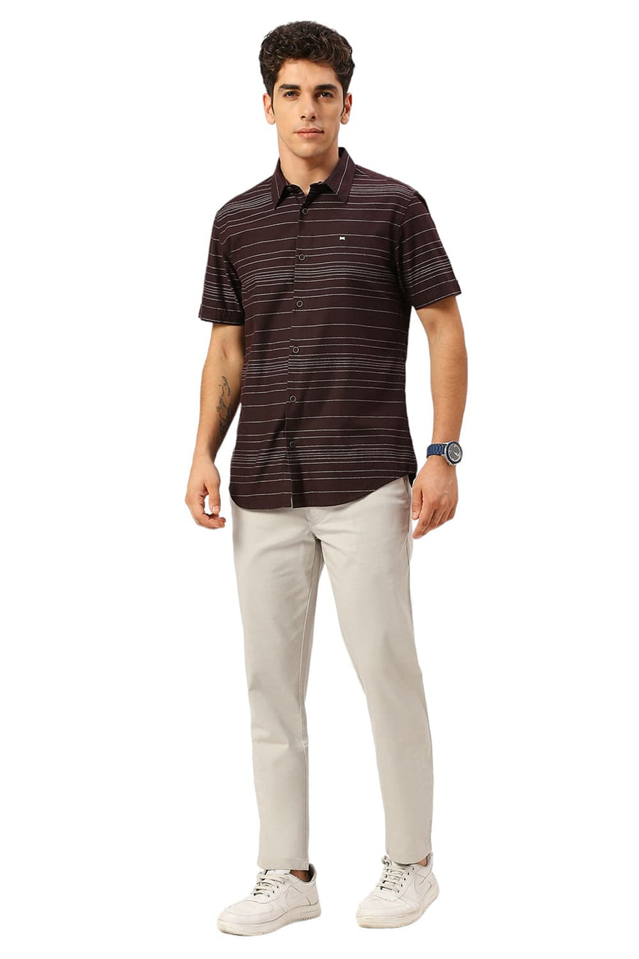 BASICS SLIM FIT FUDGE BROWN COTTON GRINDLE STRIPE HALFSLEEVES SHIRT