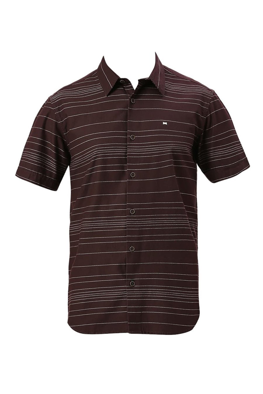 BASICS SLIM FIT FUDGE BROWN COTTON GRINDLE STRIPE HALFSLEEVES SHIRT
