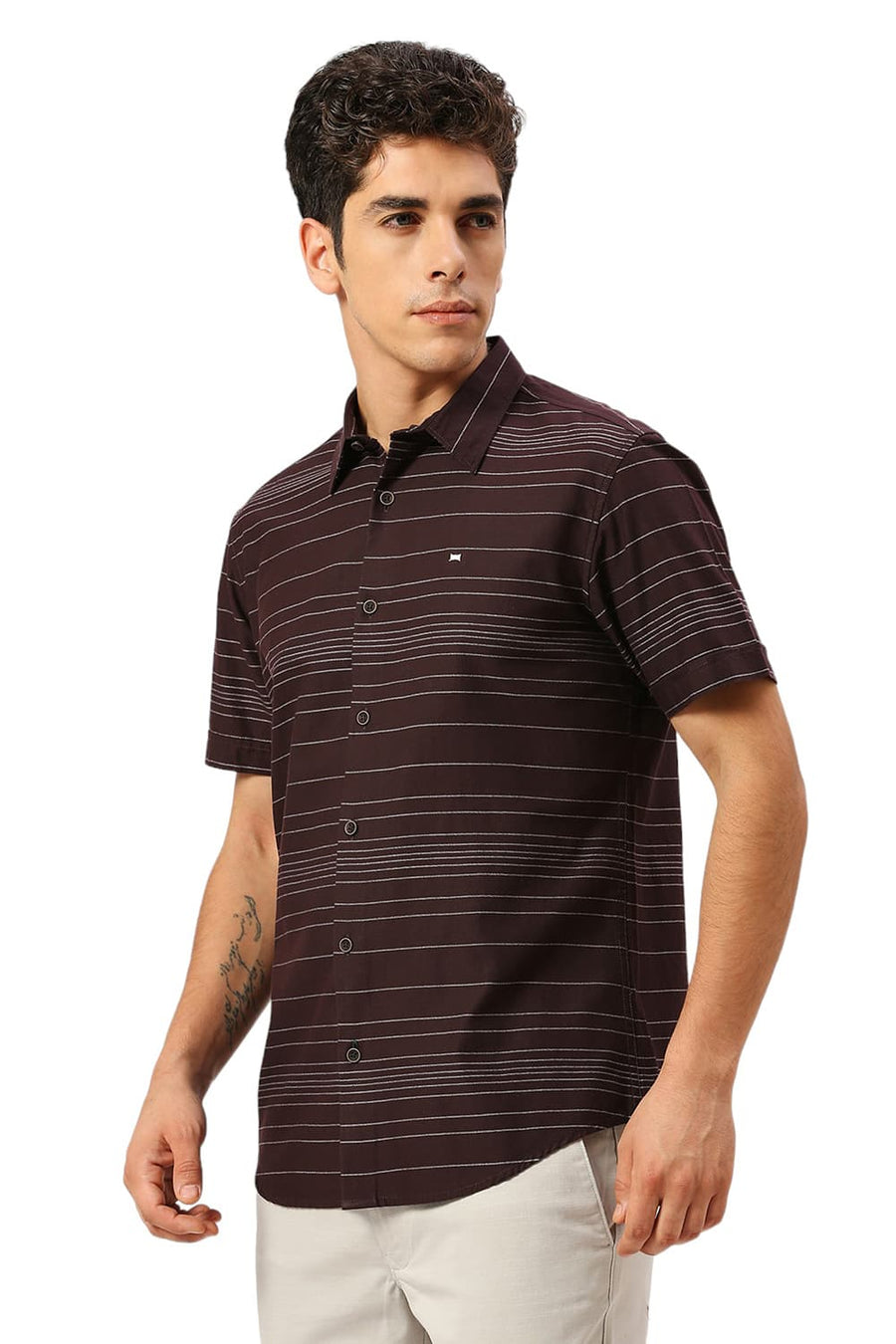 BASICS SLIM FIT FUDGE BROWN COTTON GRINDLE STRIPE HALFSLEEVES SHIRT