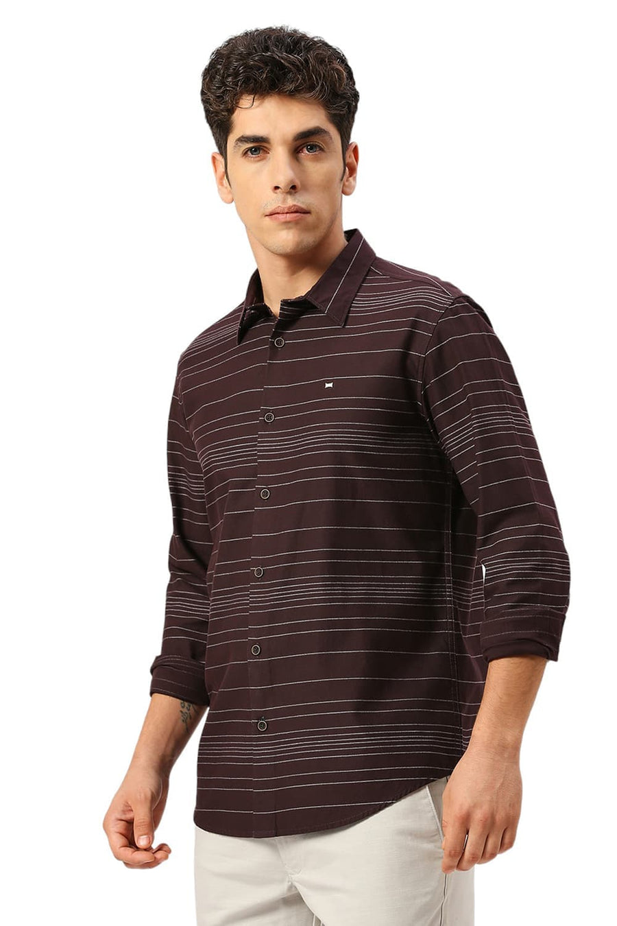 BASICS SLIM FIT FUDGE BROWN COTTON GRINDLE STRIPE SHIRT