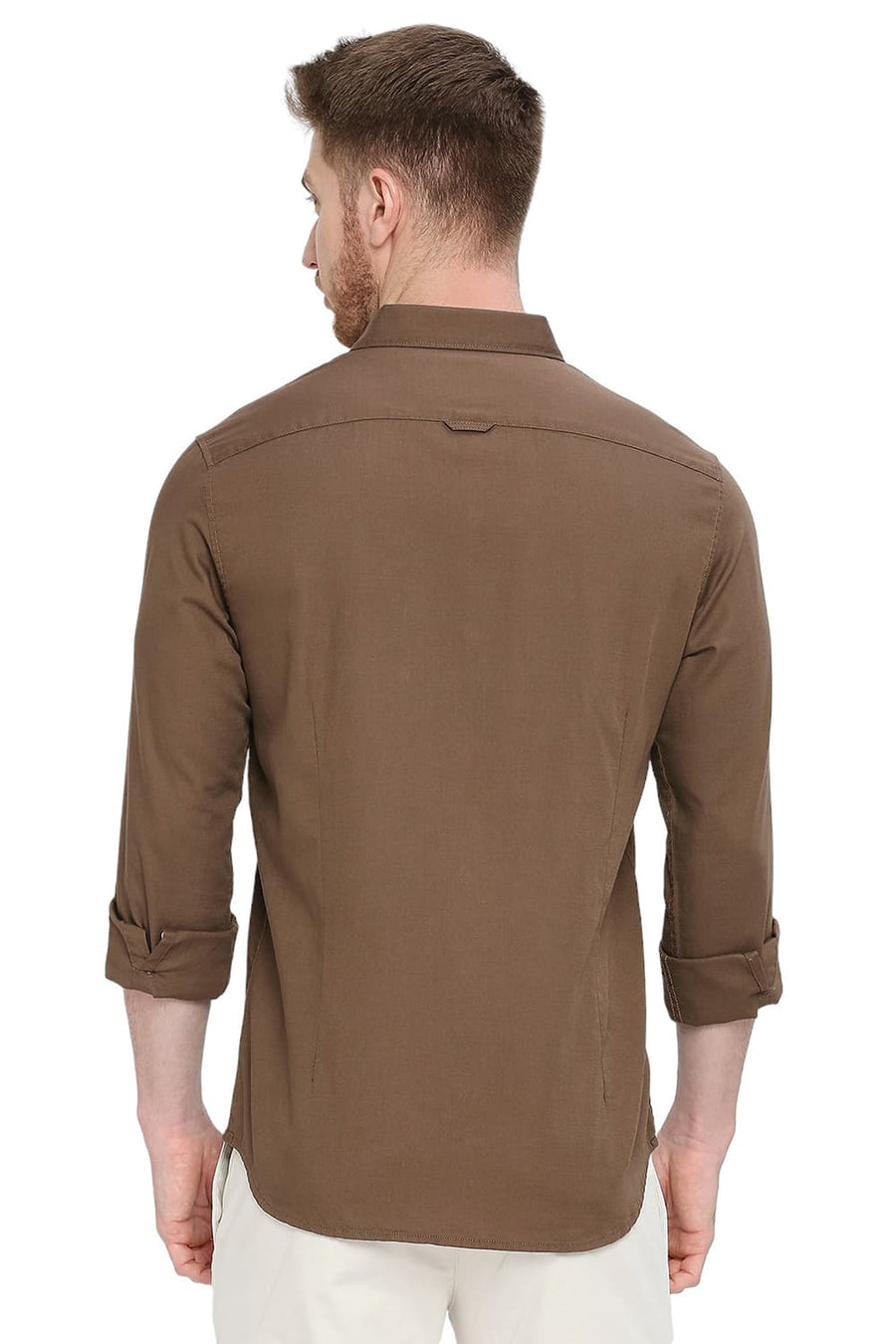 BASICS SLIM FIT TEAK BROWN COTTON BROKEN TWILL SHIRT
