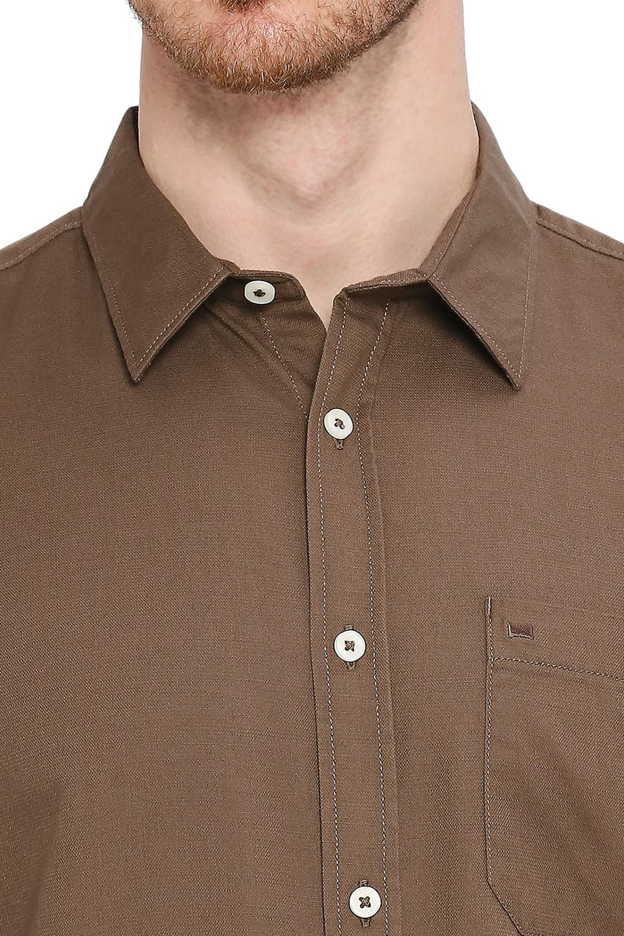 BASICS SLIM FIT TEAK BROWN COTTON BROKEN TWILL SHIRT