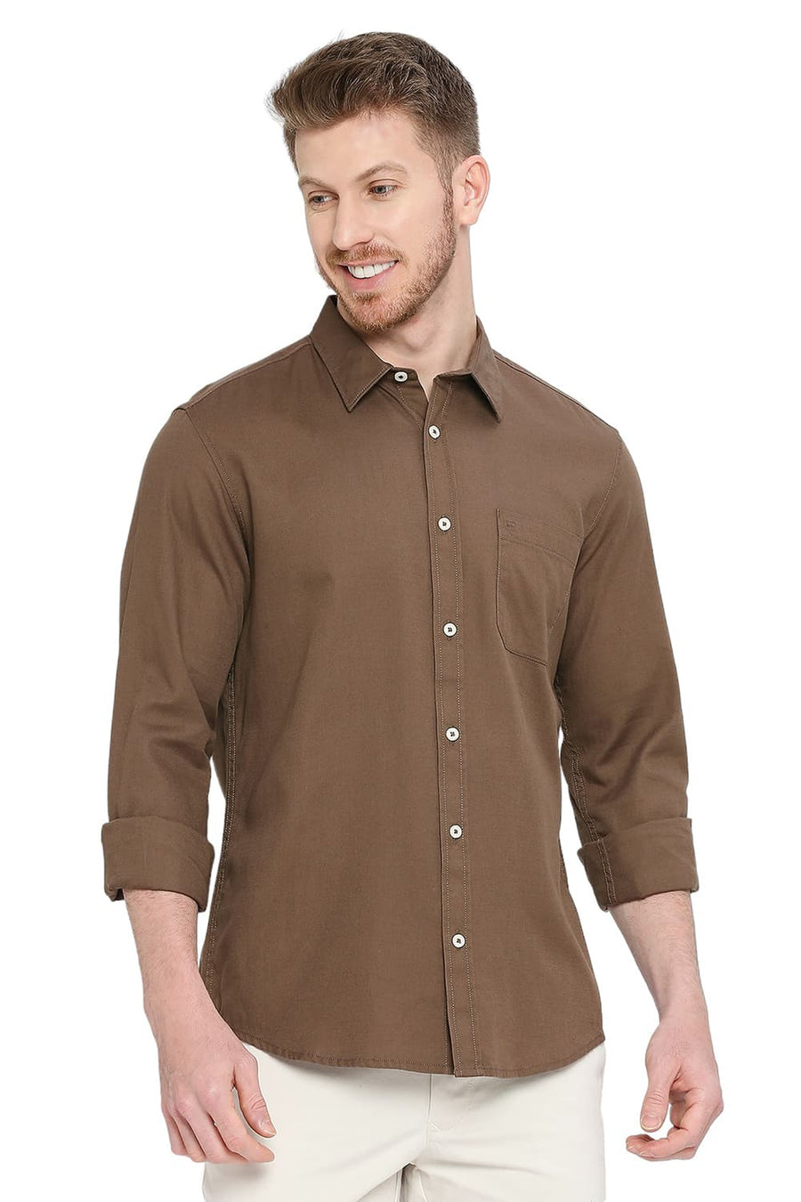 BASICS SLIM FIT TEAK BROWN COTTON BROKEN TWILL SHIRT