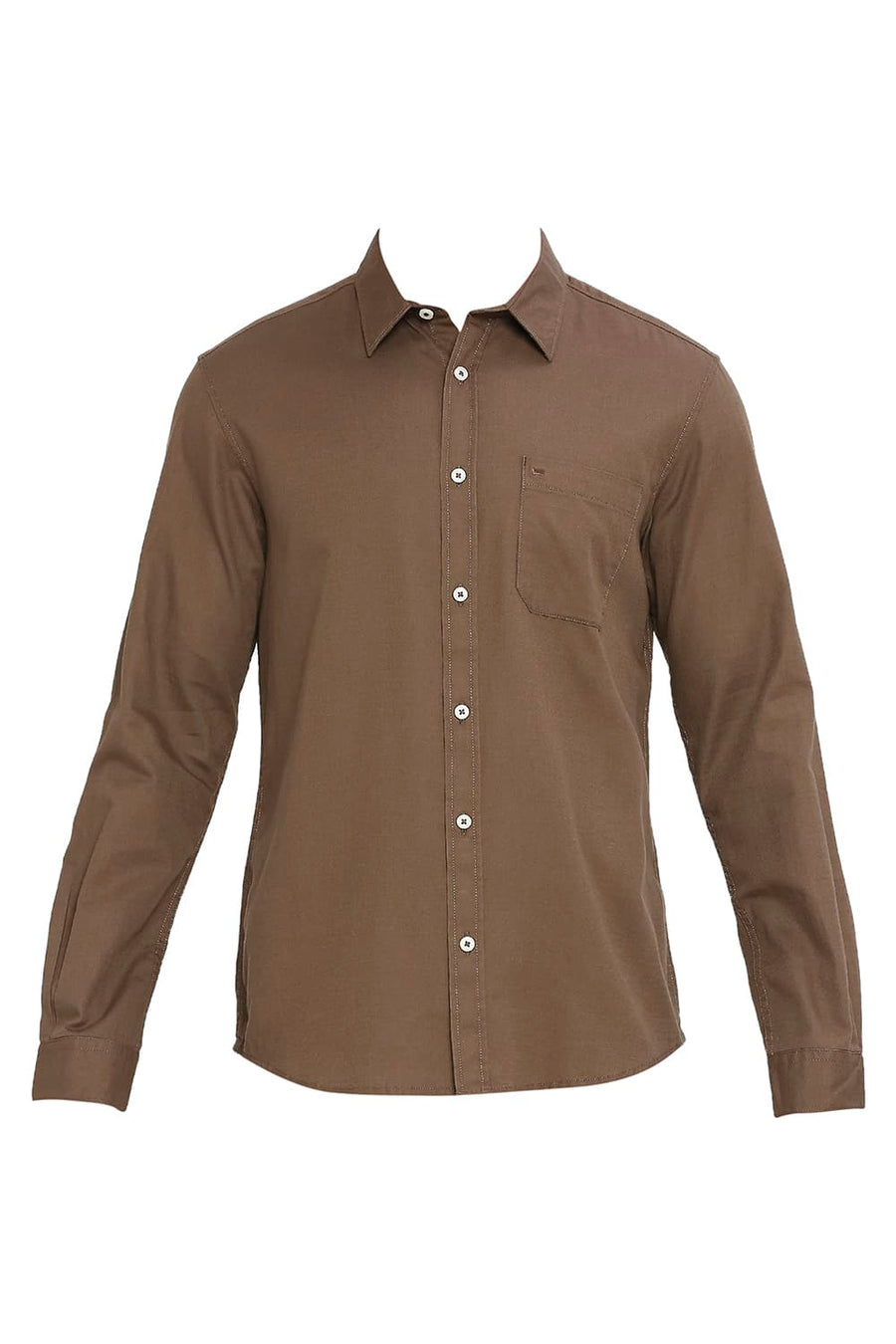 BASICS SLIM FIT TEAK BROWN COTTON BROKEN TWILL SHIRT