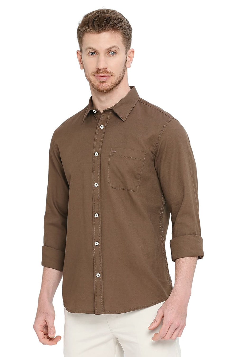 BASICS SLIM FIT TEAK BROWN COTTON BROKEN TWILL SHIRT