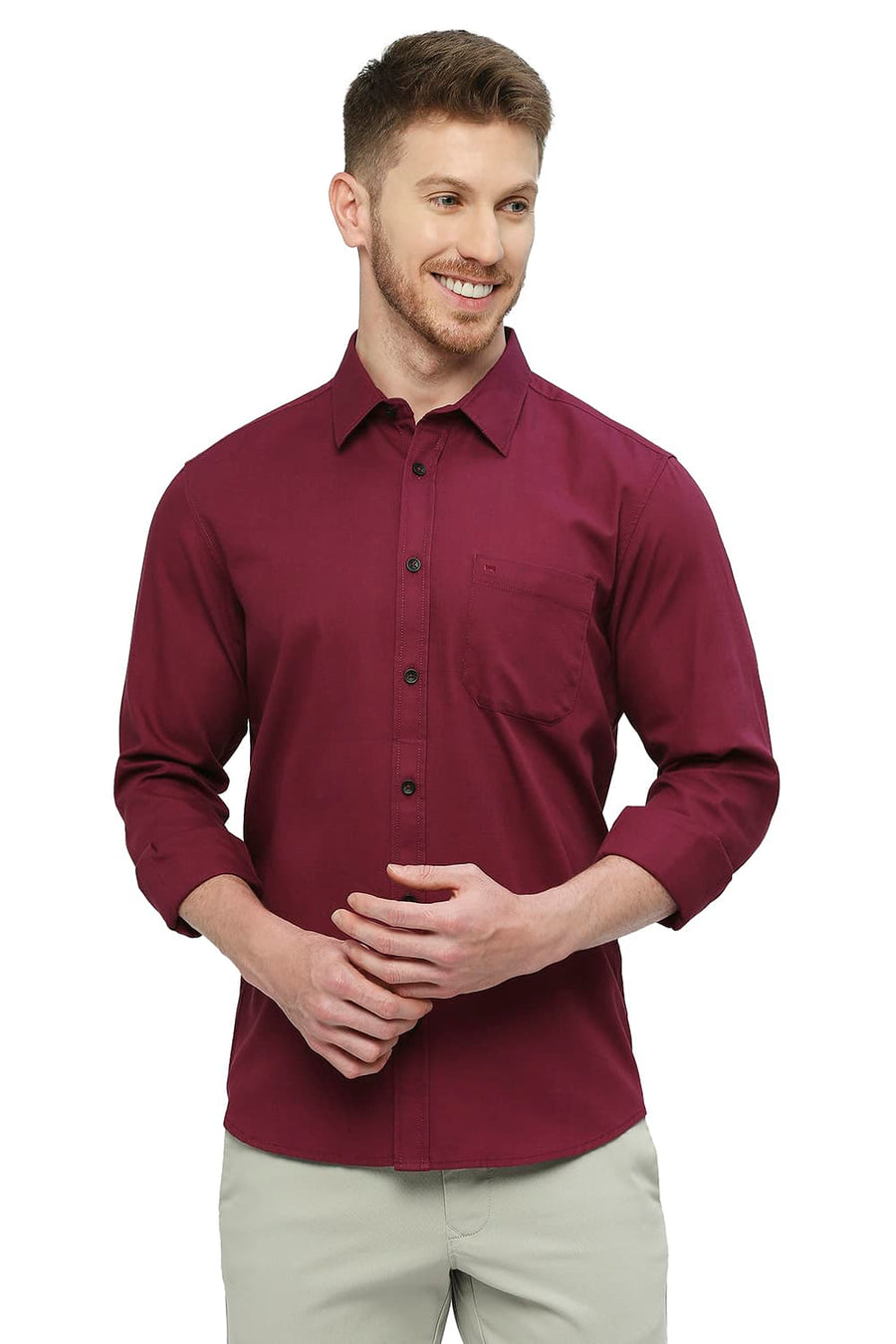 BASICS SLIM FIT MALAGA WINE COTTON BROKEN TWILL SHIRT