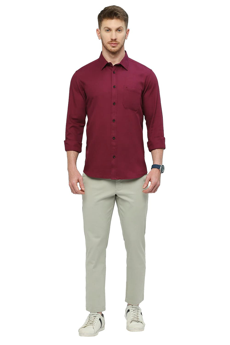 BASICS SLIM FIT MALAGA WINE COTTON BROKEN TWILL SHIRT