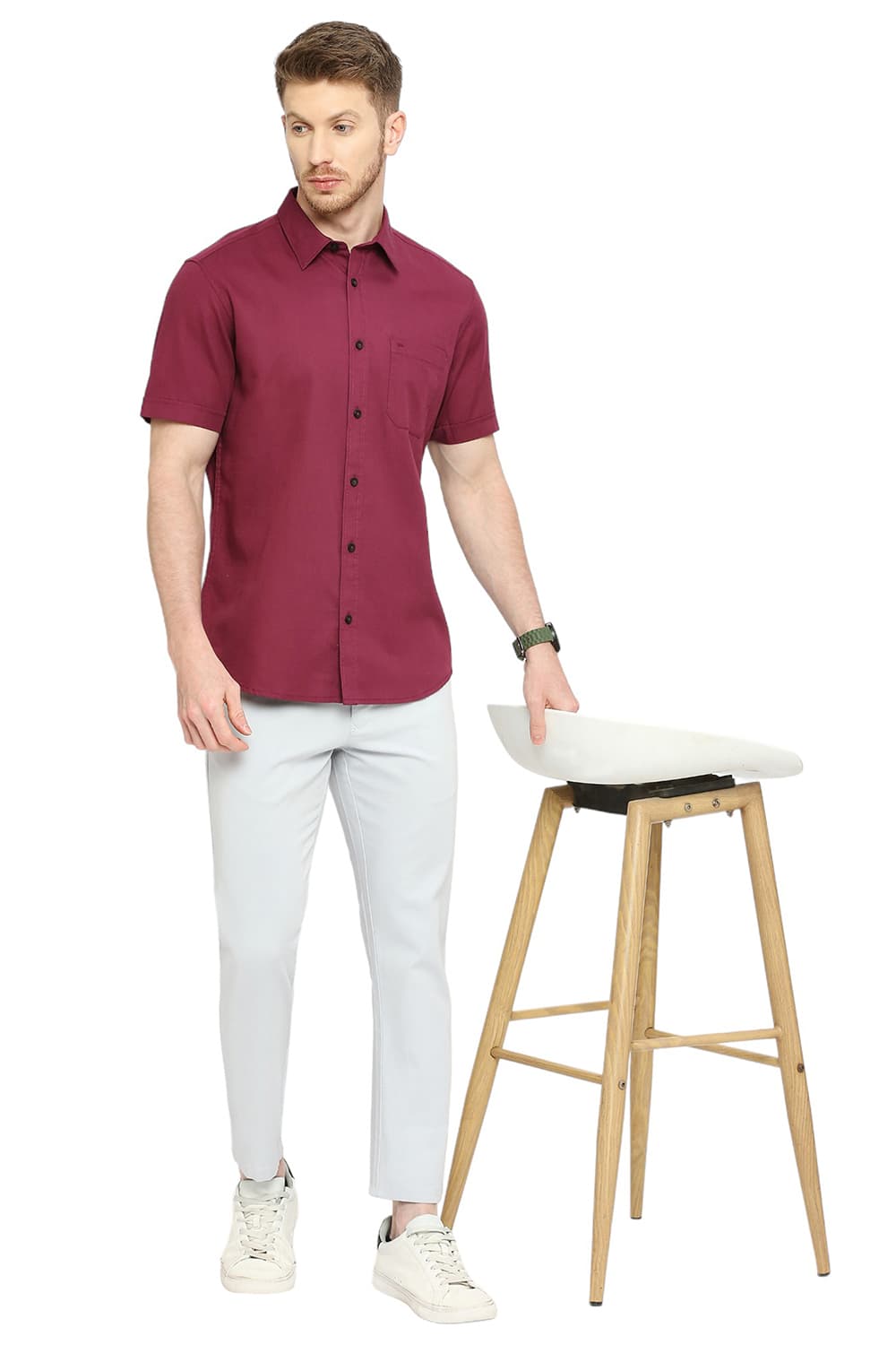 BASICS SLIM FIT COTTON BROKEN TWILL HALFSLEEVES SHIRT