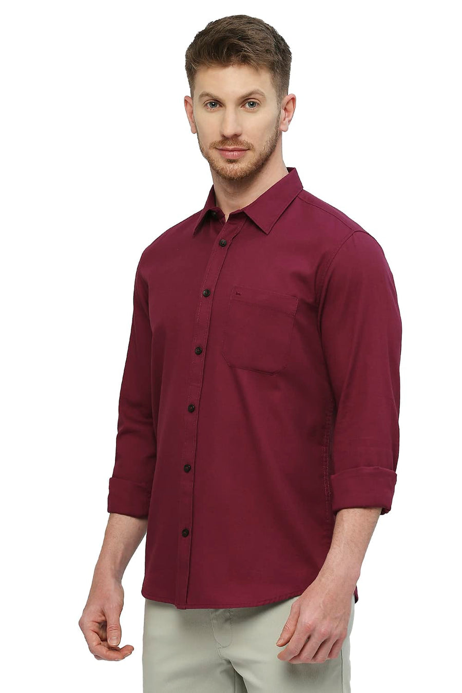 BASICS SLIM FIT MALAGA WINE COTTON BROKEN TWILL SHIRT