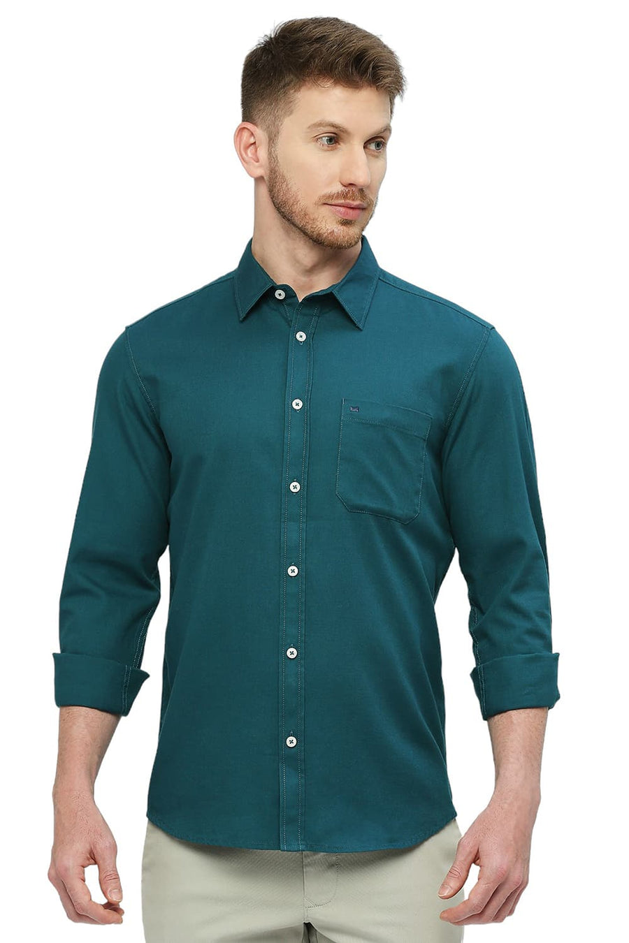 BASICS SLIM FIT QUETZAL GREEN COTTON BROKEN TWILL SHIRT