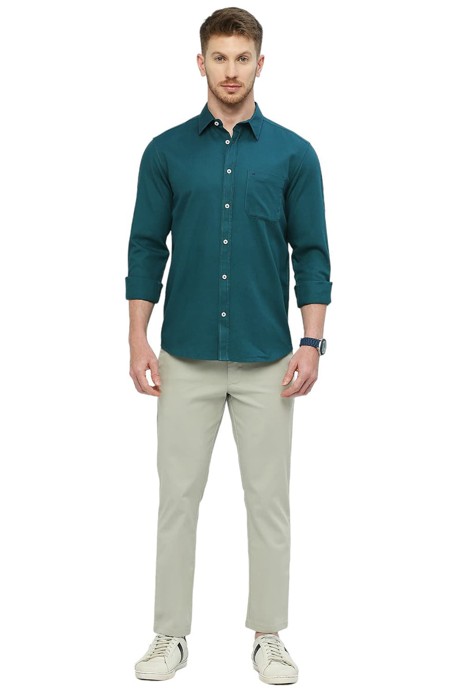 BASICS SLIM FIT QUETZAL GREEN COTTON BROKEN TWILL SHIRT