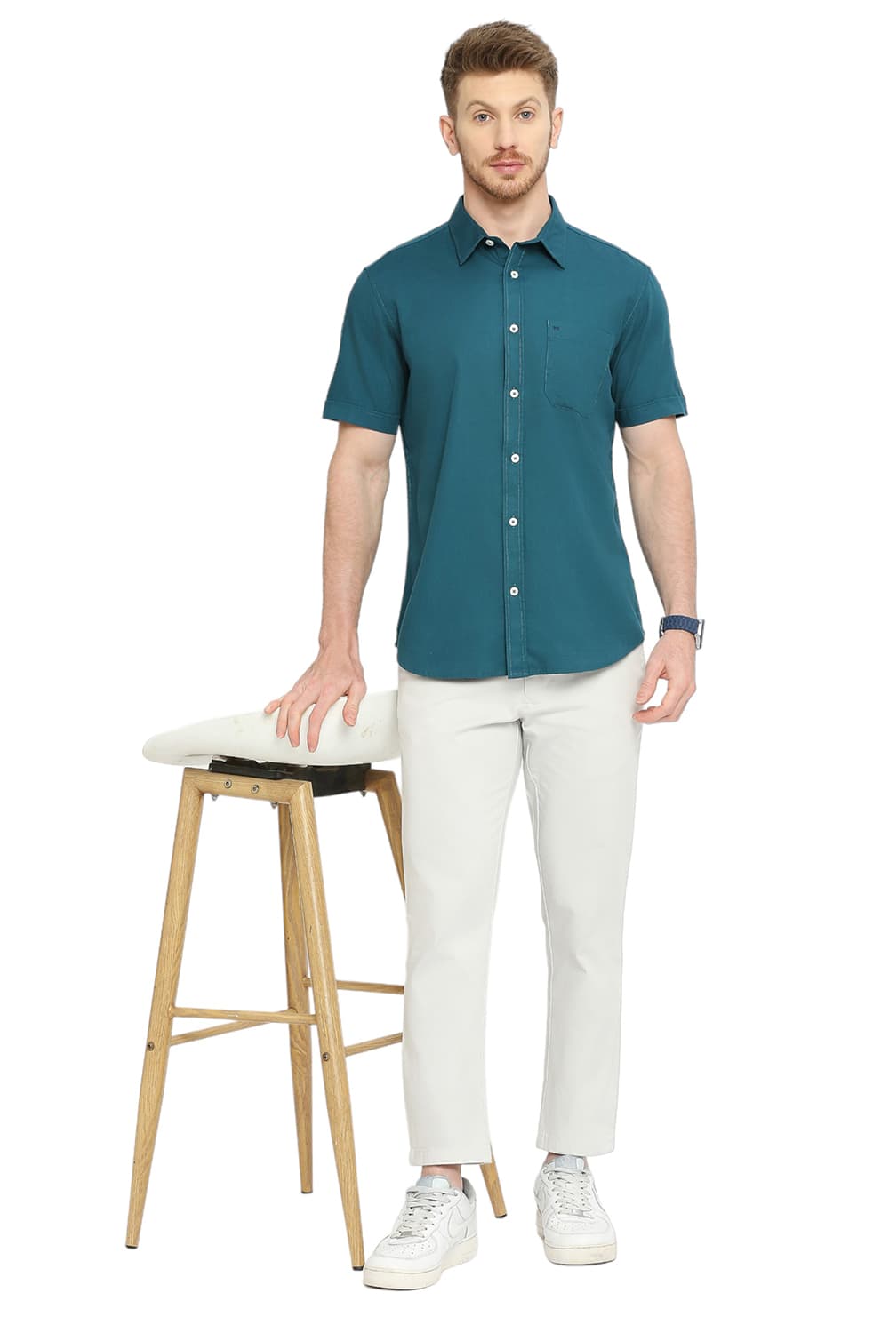 BASICS SLIM FIT COTTON BROKEN TWILL HALFSLEEVES SHIRT