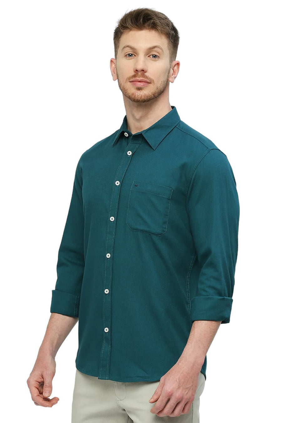 BASICS SLIM FIT QUETZAL GREEN COTTON BROKEN TWILL SHIRT