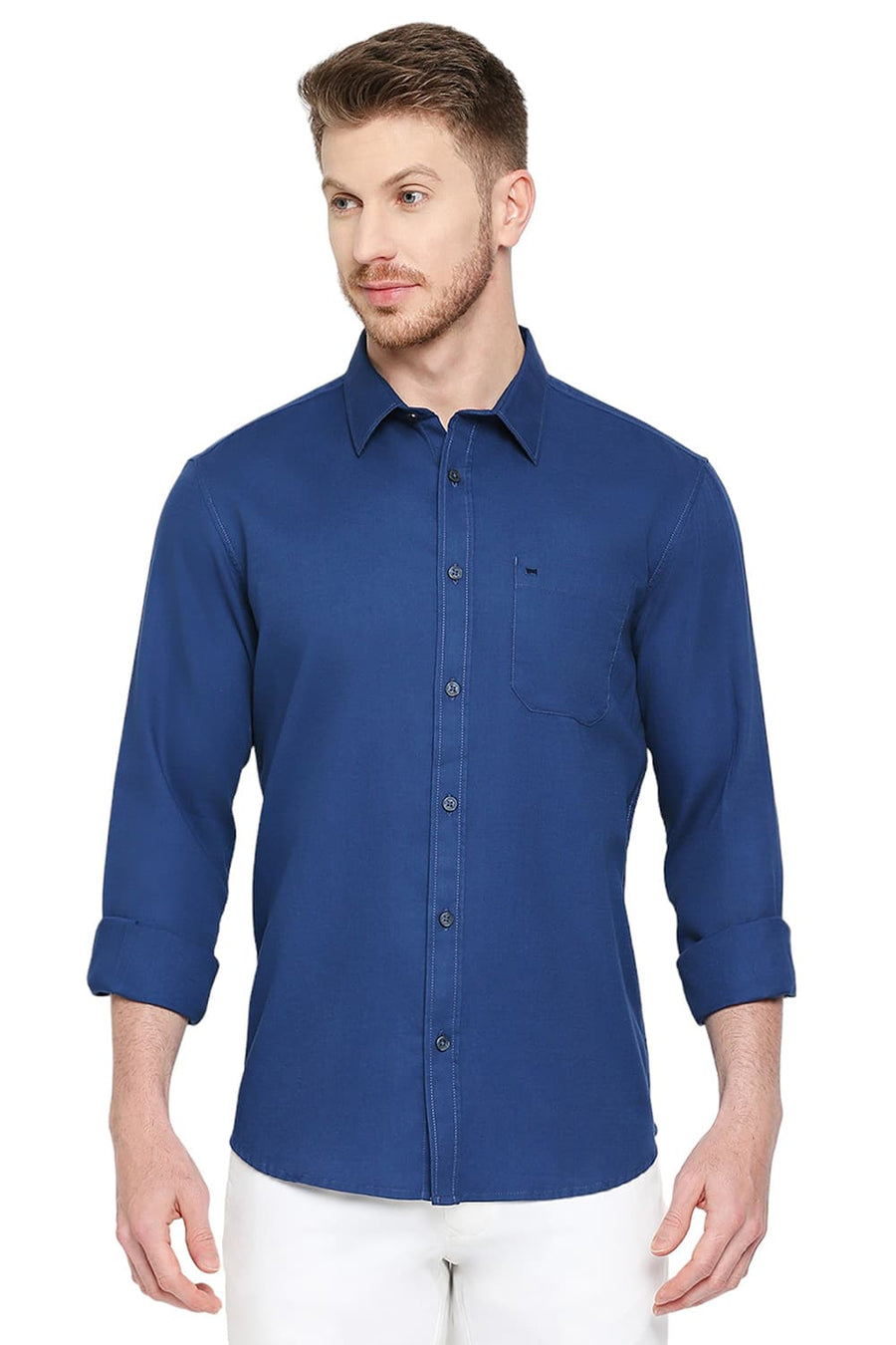 BASICS SLIM FIT GALAXY BLUE COTTON BROKEN TWILL SHIRT