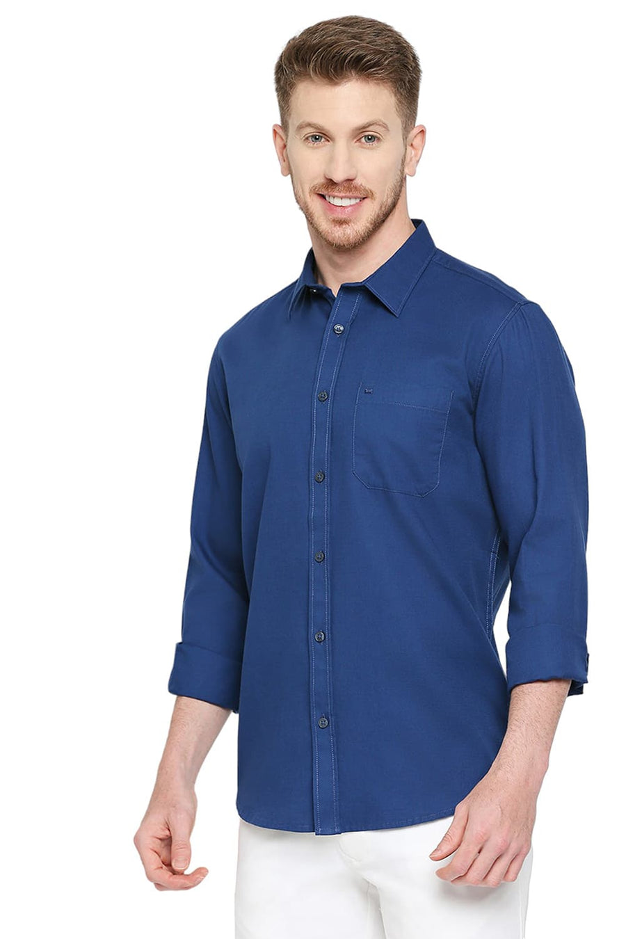 BASICS SLIM FIT GALAXY BLUE COTTON BROKEN TWILL SHIRT