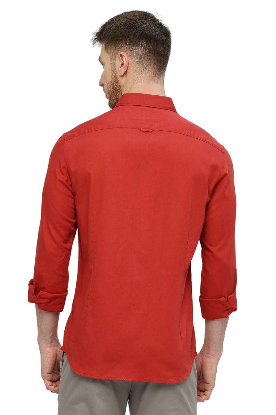 BASICS SLIM FIT BRICK RED COTTON BROKEN TWILL SHIRT