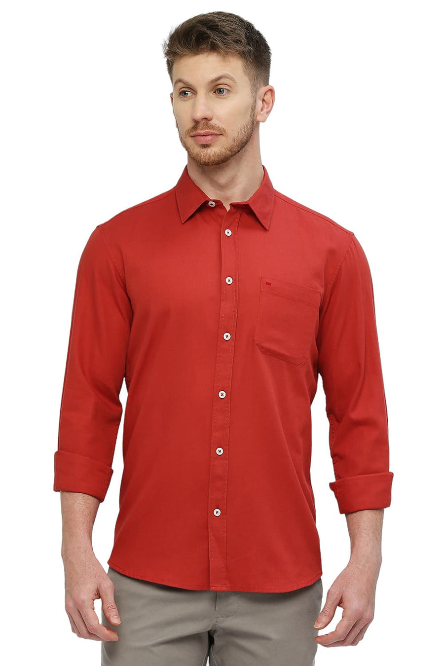 BASICS SLIM FIT BRICK RED COTTON BROKEN TWILL SHIRT