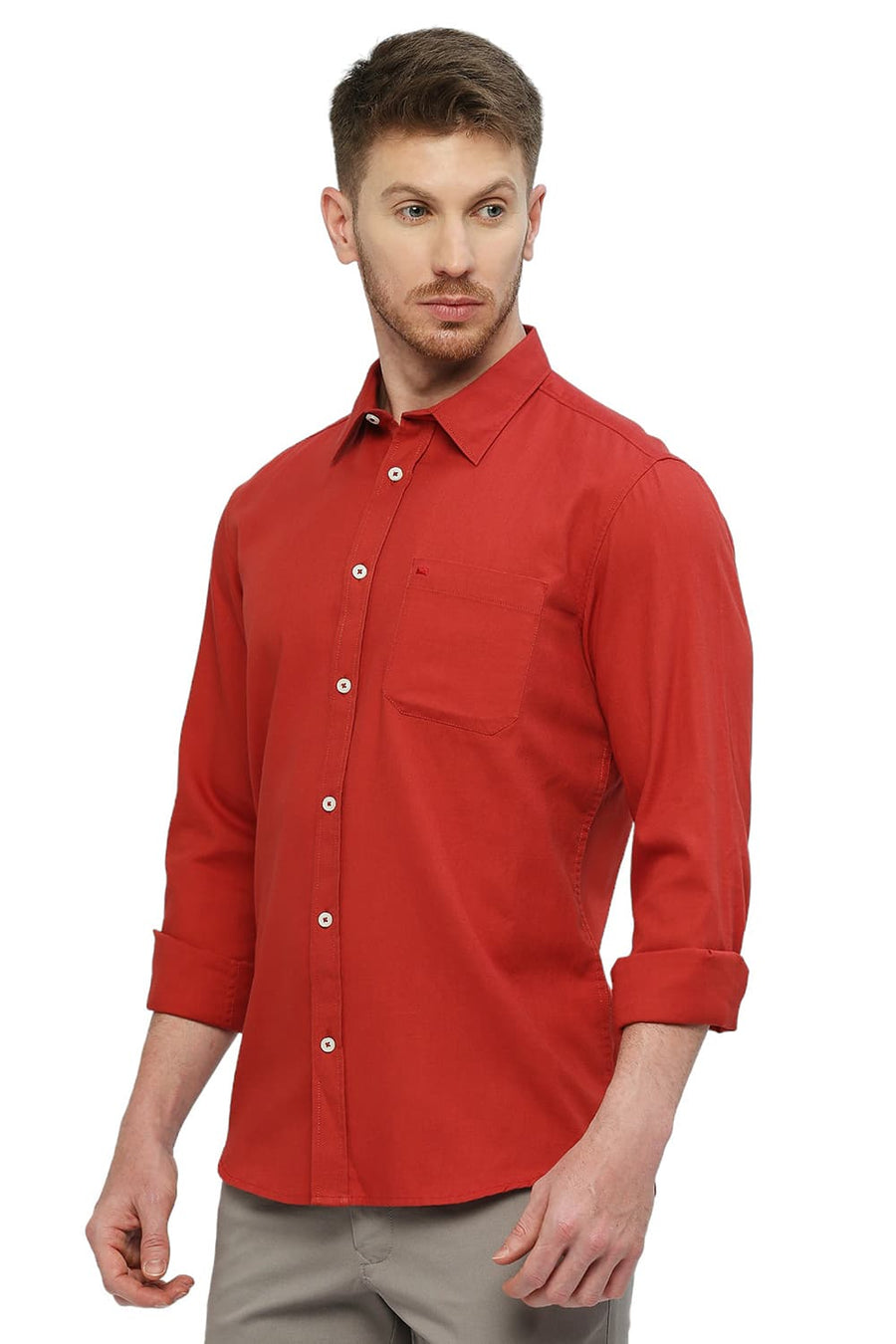 BASICS SLIM FIT BRICK RED COTTON BROKEN TWILL SHIRT