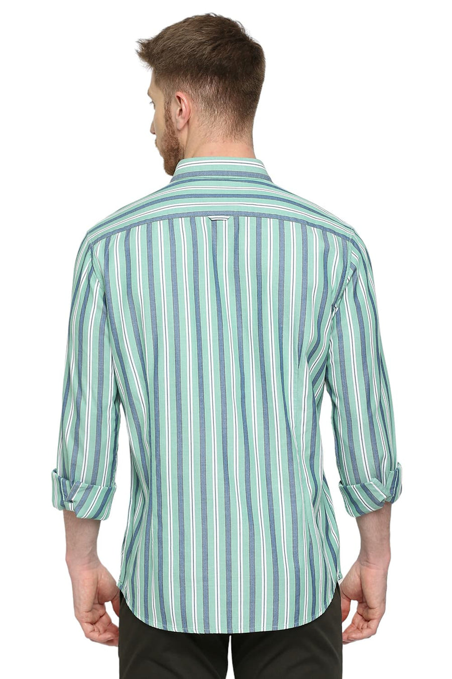 BASICS SLIM FIT MING GREEN COTTON STRIPE SHIRT