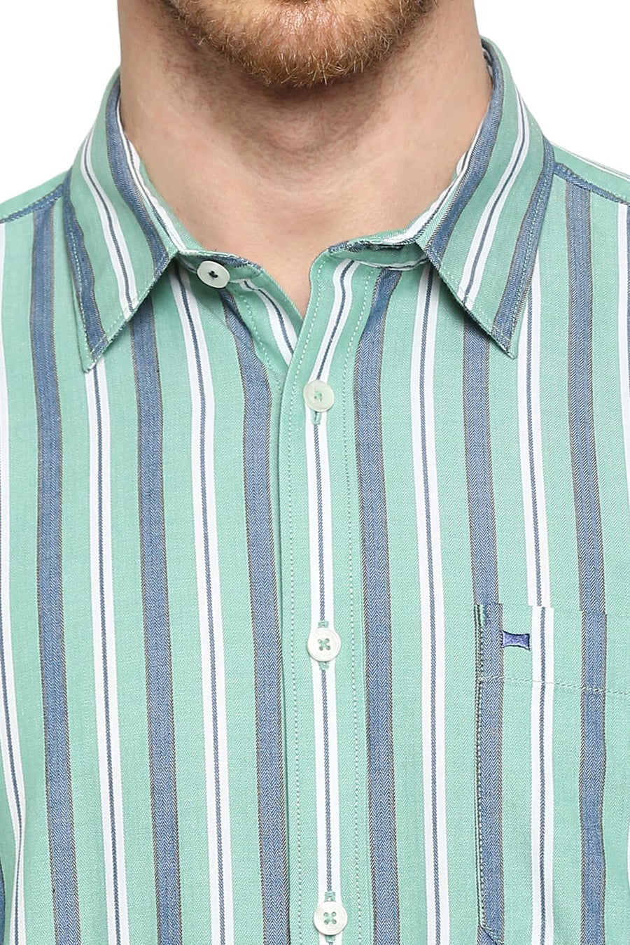 BASICS SLIM FIT MING GREEN COTTON STRIPE SHIRT