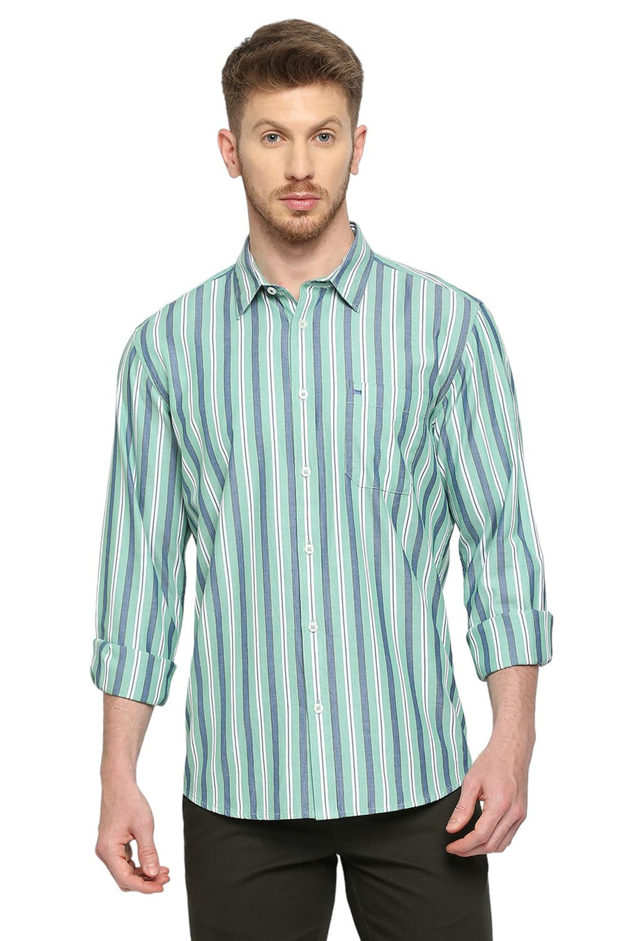 BASICS SLIM FIT MING GREEN COTTON STRIPE SHIRT