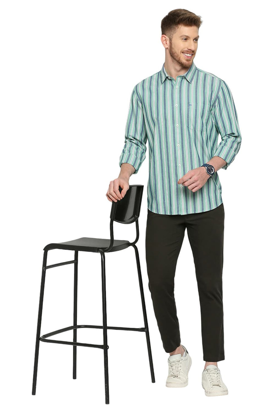 BASICS SLIM FIT MING GREEN COTTON STRIPE SHIRT