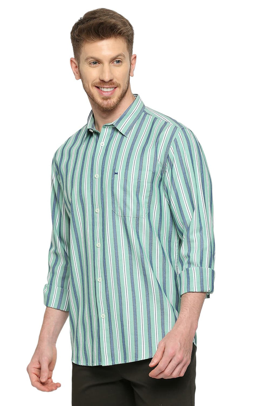 BASICS SLIM FIT MING GREEN COTTON STRIPE SHIRT