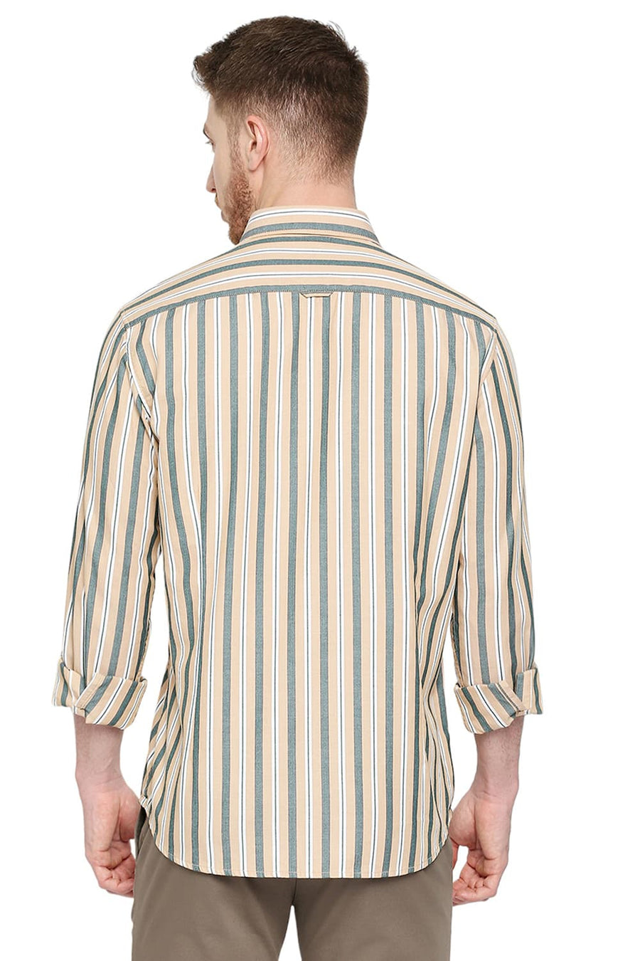 BASICS SLIM FIT HEMP BEIGE COTTON STRIPE SHIRT