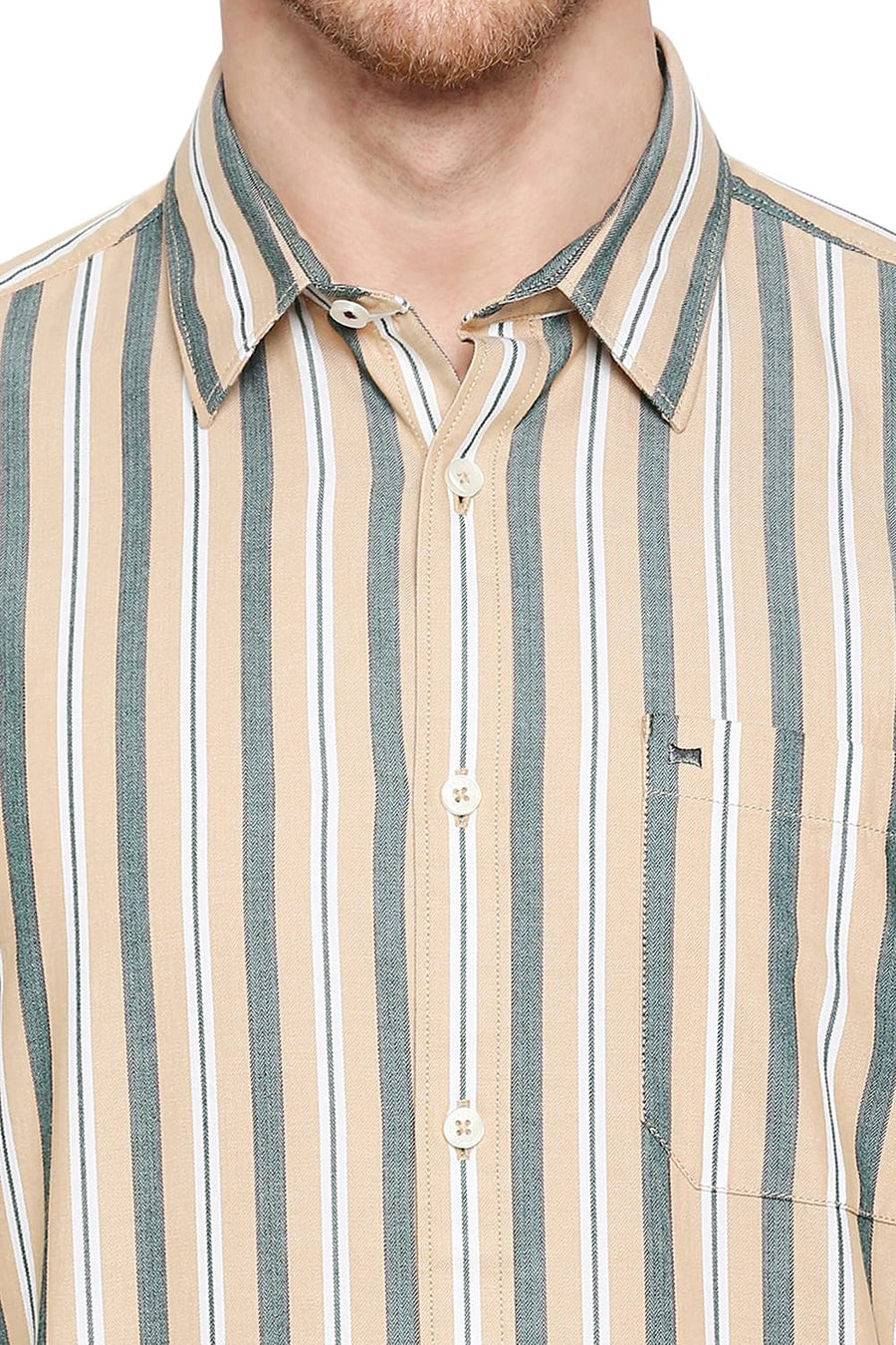 BASICS SLIM FIT HEMP BEIGE COTTON STRIPE SHIRT