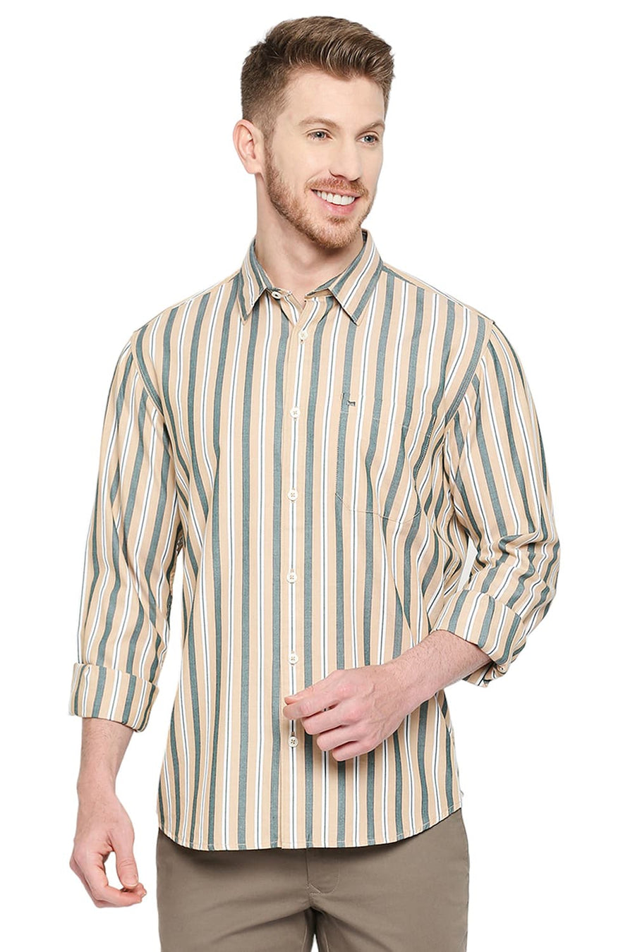 BASICS SLIM FIT HEMP BEIGE COTTON STRIPE SHIRT